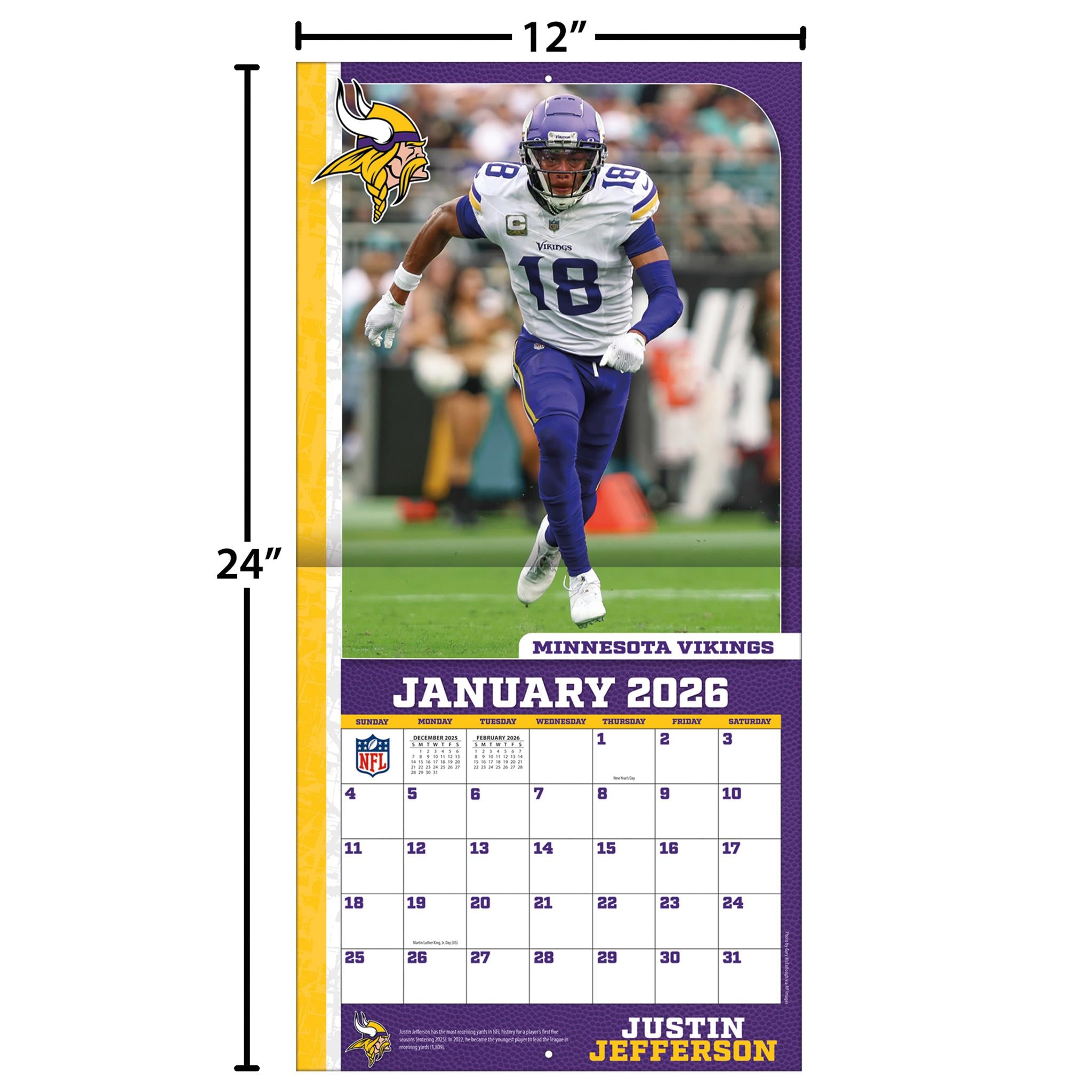 Calendrier mural NFL Justin Jefferson Minnesota Vikings 2026