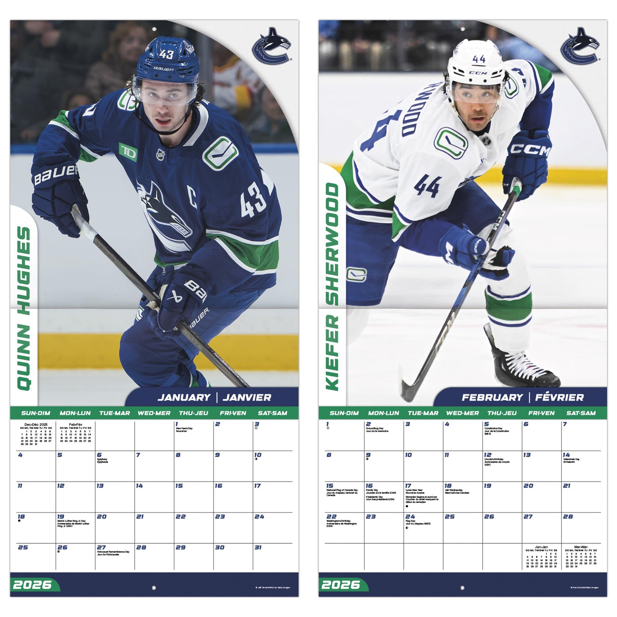 NHL Vancouver Canucks Bilingual 2026 Wall Calendar