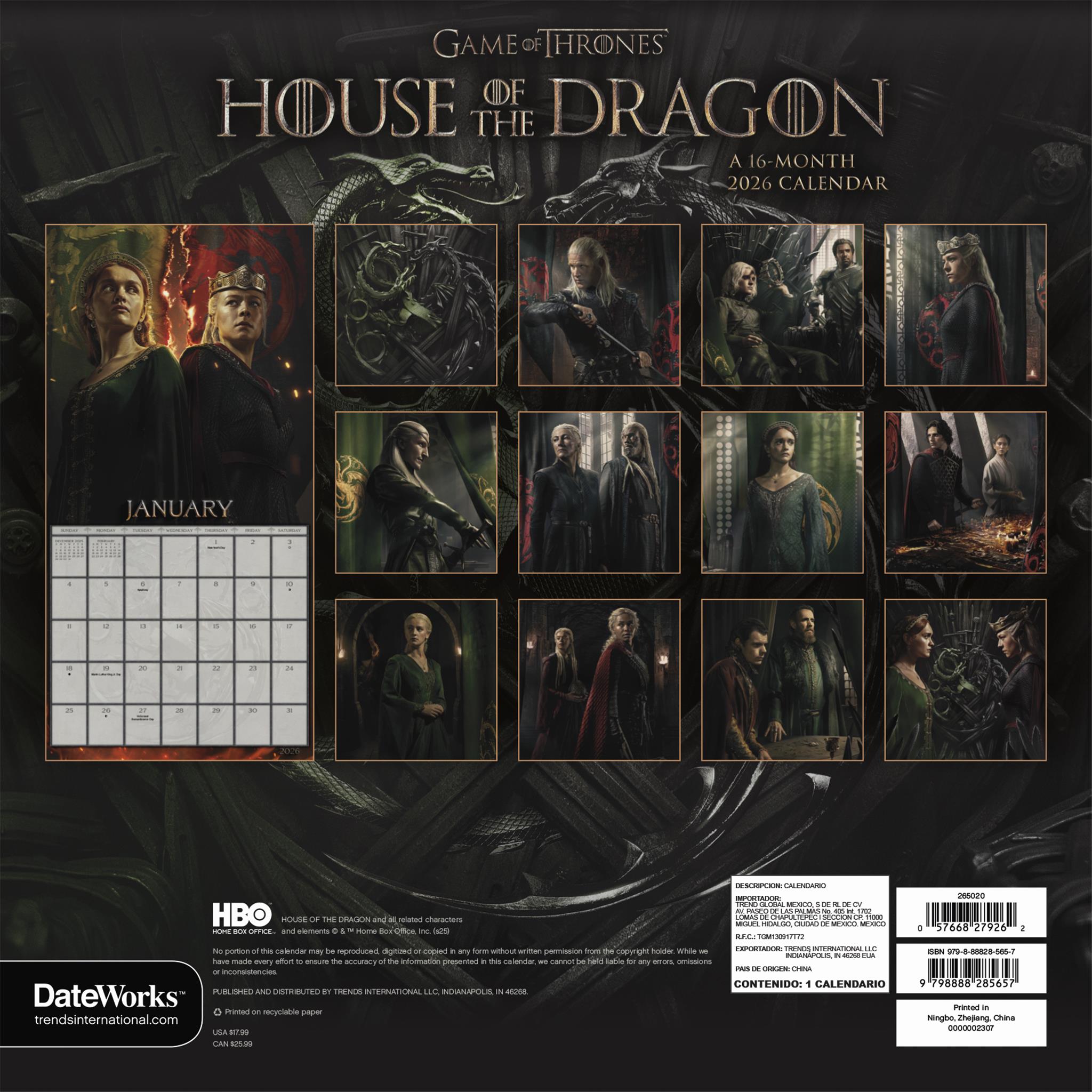 Calendrier mural Game of Thrones House of the Dragon 2026