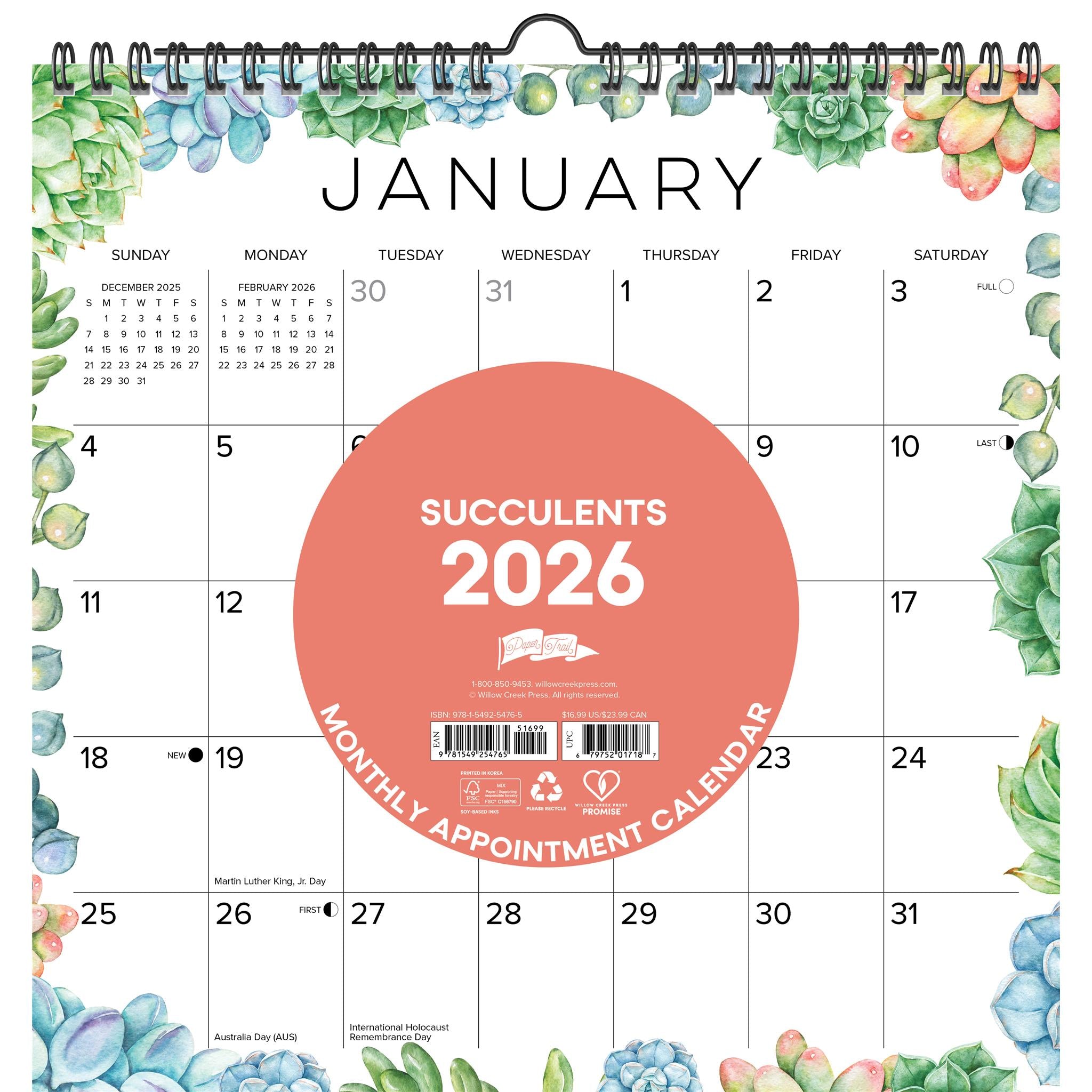 Succulents 2026 Spiral Wall Calendar