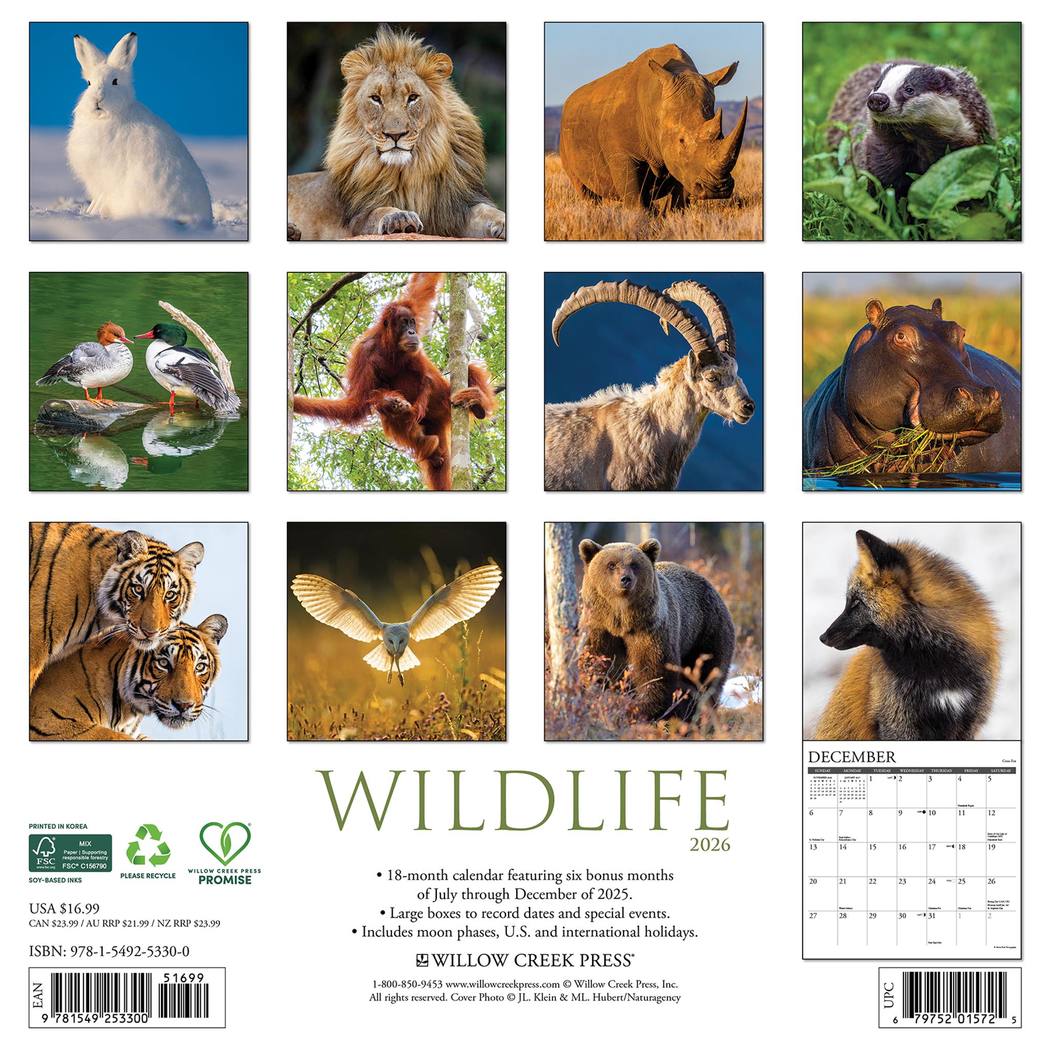 Calendrier mural Faune 2026 - Disponible uniquement en ligne