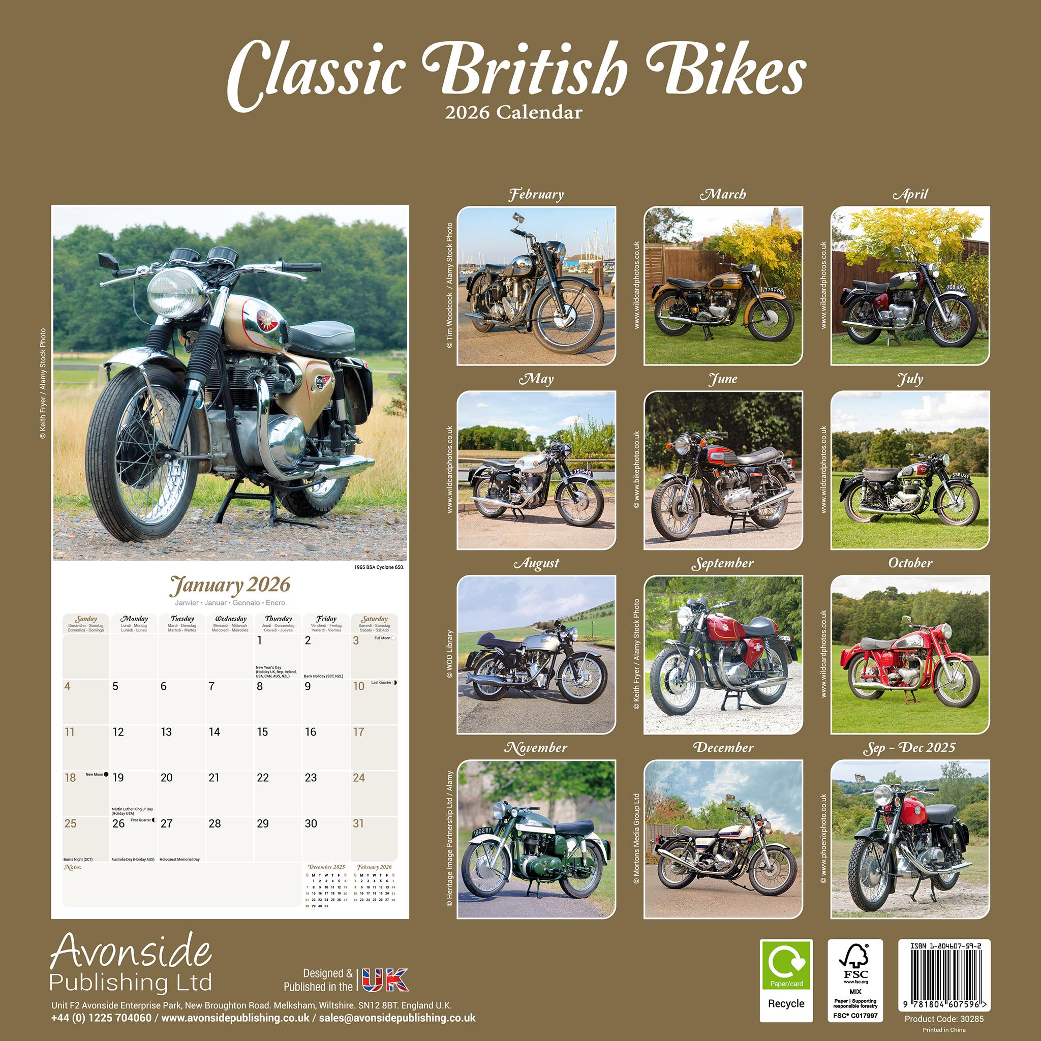 Calendrier mural des motos britanniques classiques 2026