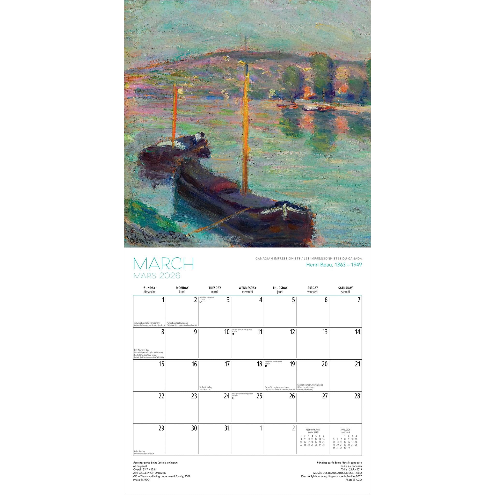 Calendrier mural bilingue 2026 des impressionnistes canadiens de l'AGO