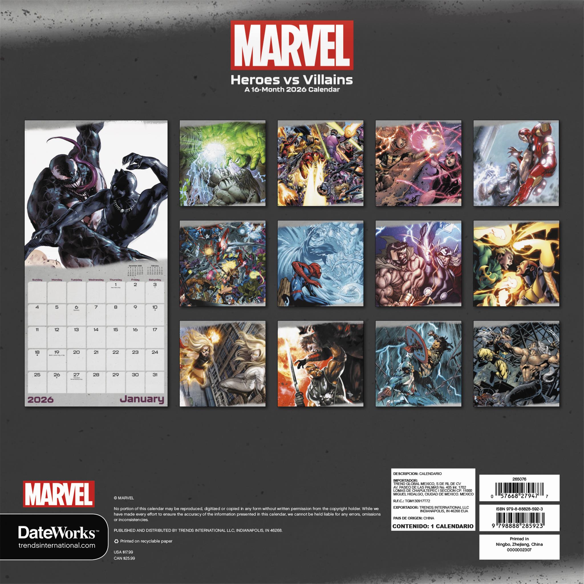 Calendrier mural Marvel Héros contre Méchants 2026