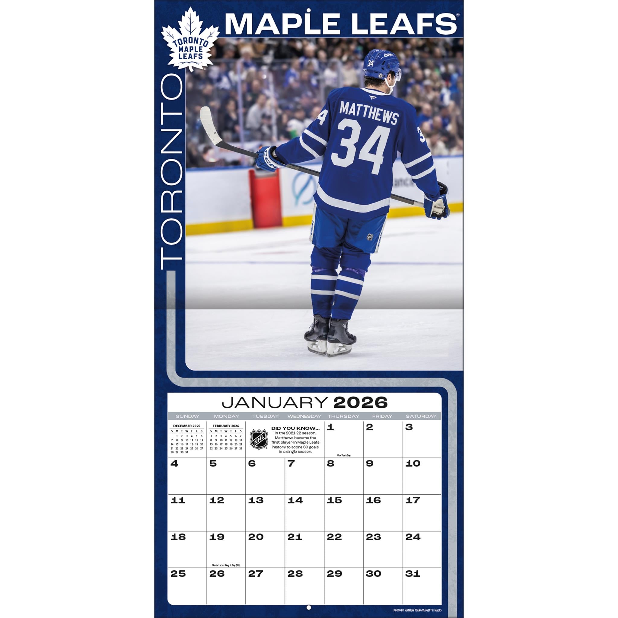 Calendrier mural 2026 d'Auston Matthews des Maple Leafs de Toronto (NHL)