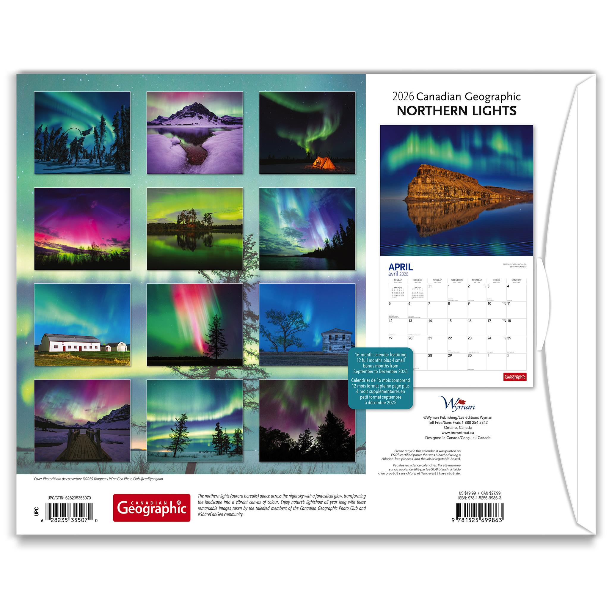 Calendrier mural Canadian Geographic Aurores boréales 2026