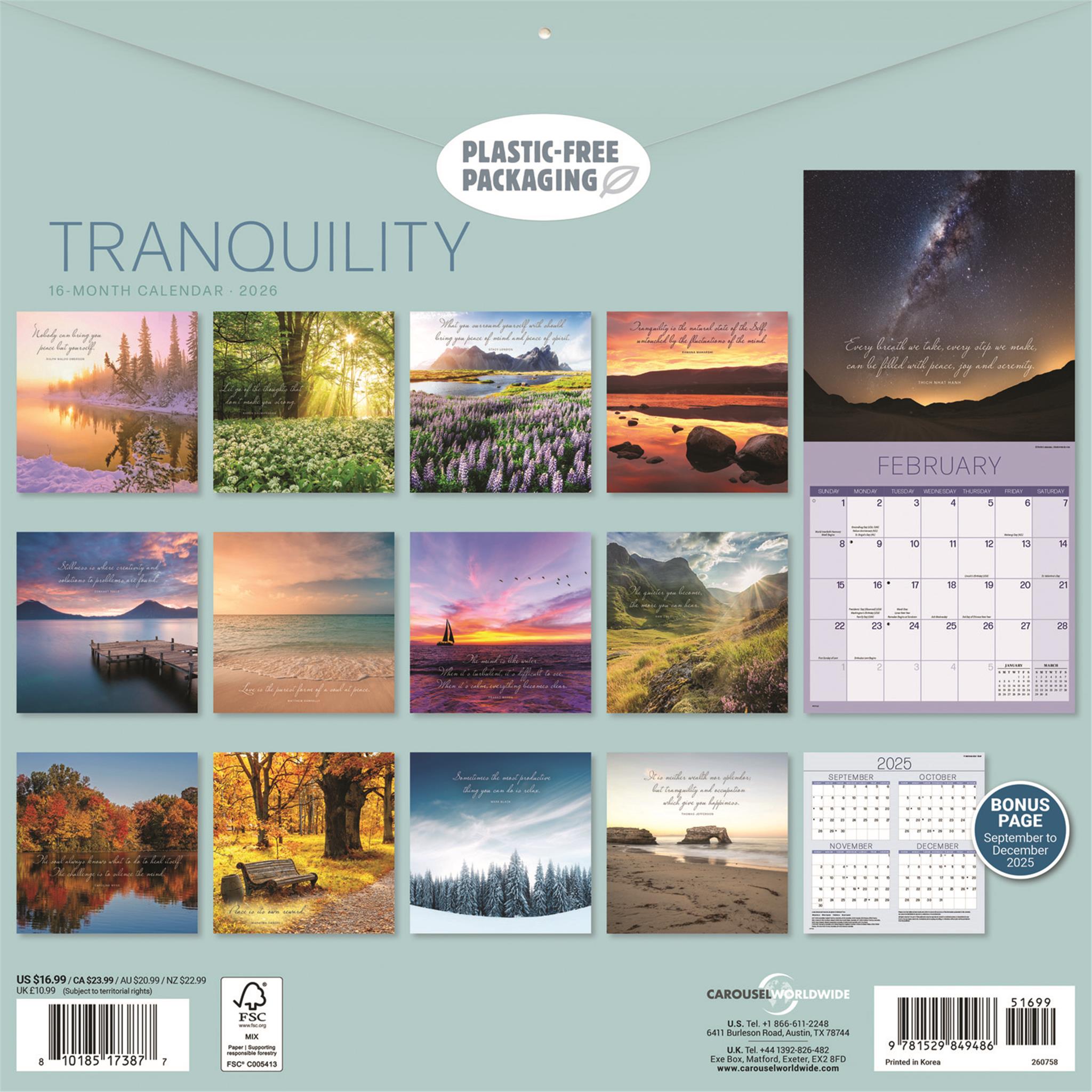 Calendrier mural multilingue Tranquillité 2026