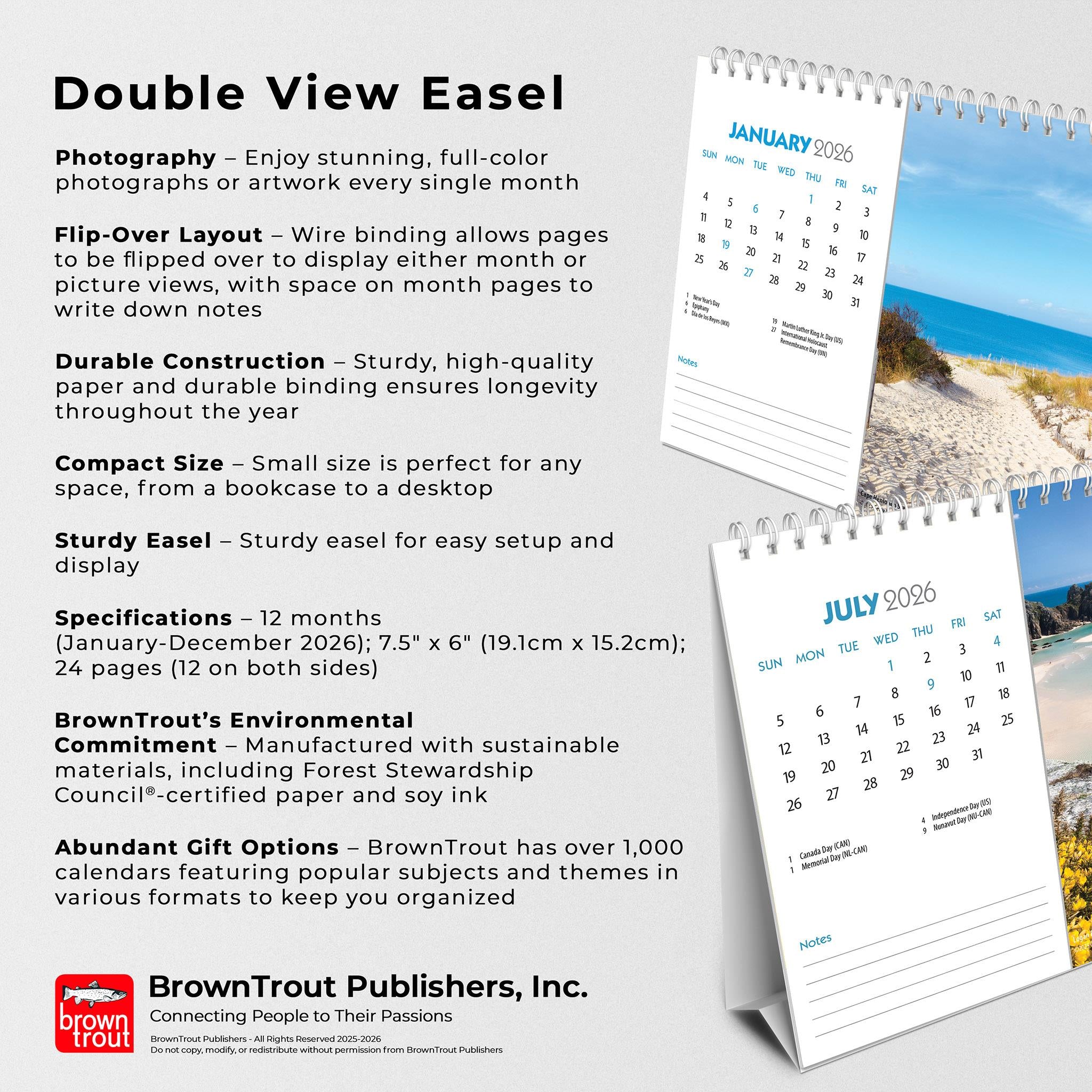 Calendrier chevalet double vue Plages 2026