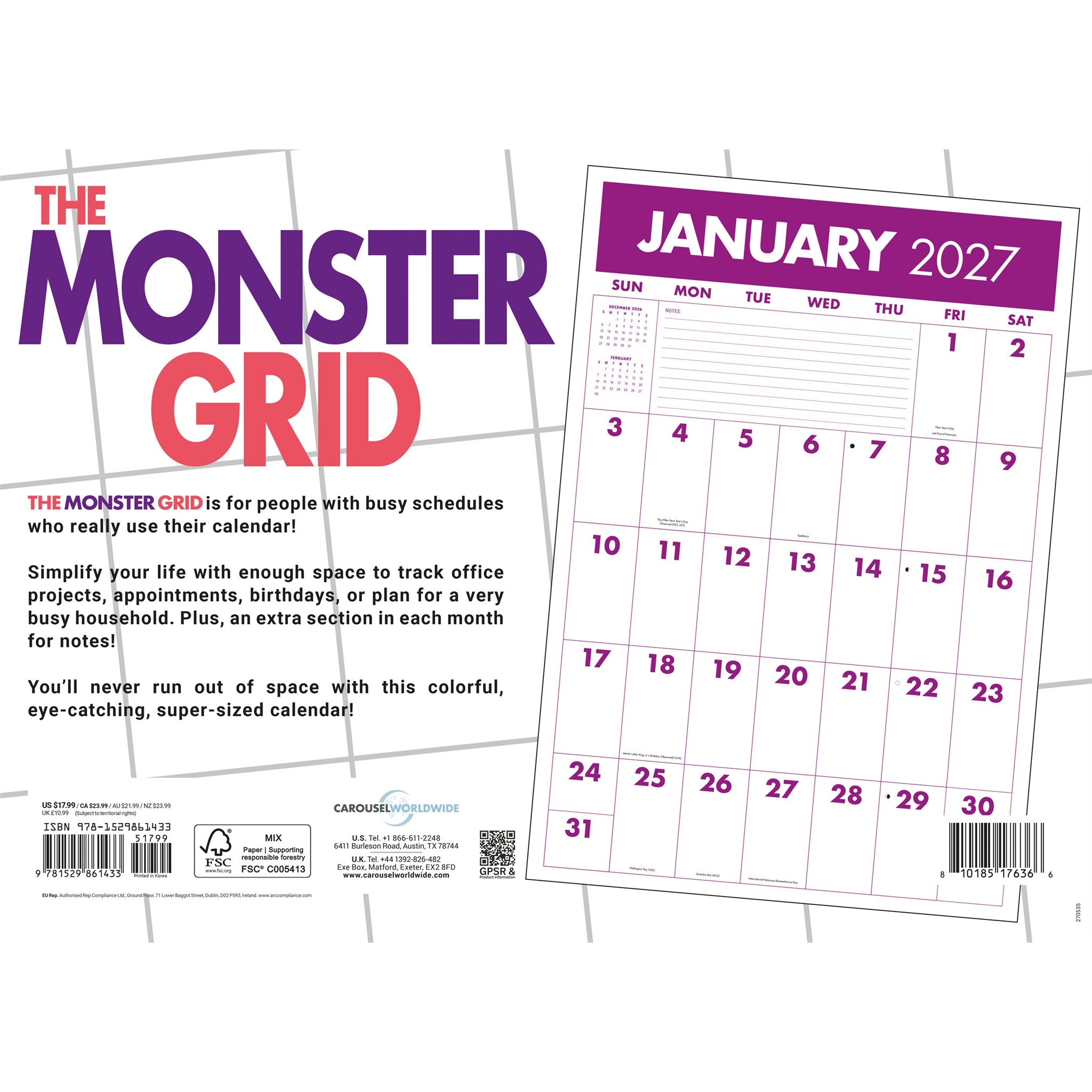 Calendrier mural Monster Grid 2027