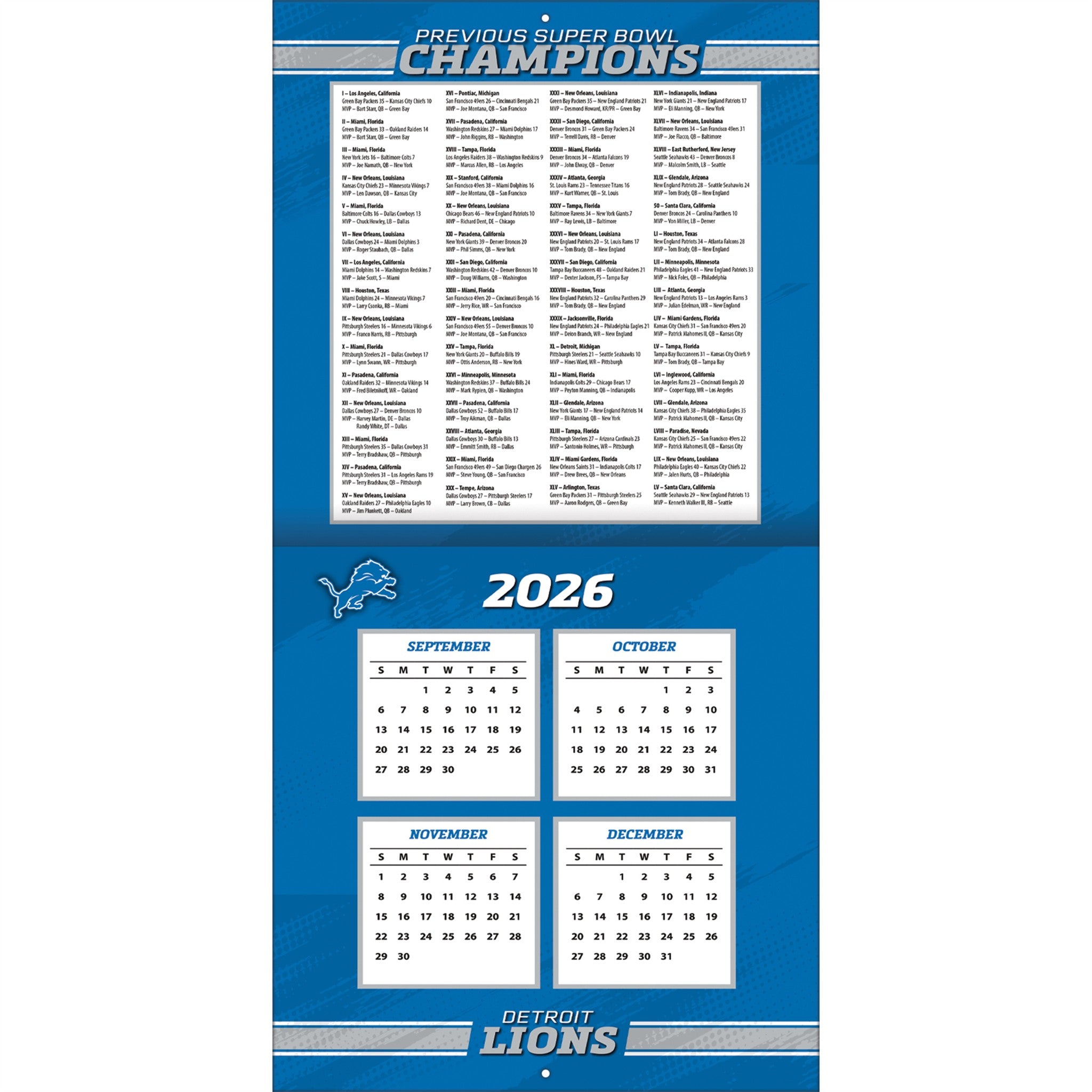 NFL Detroit Lions 2027 Wall Calendar