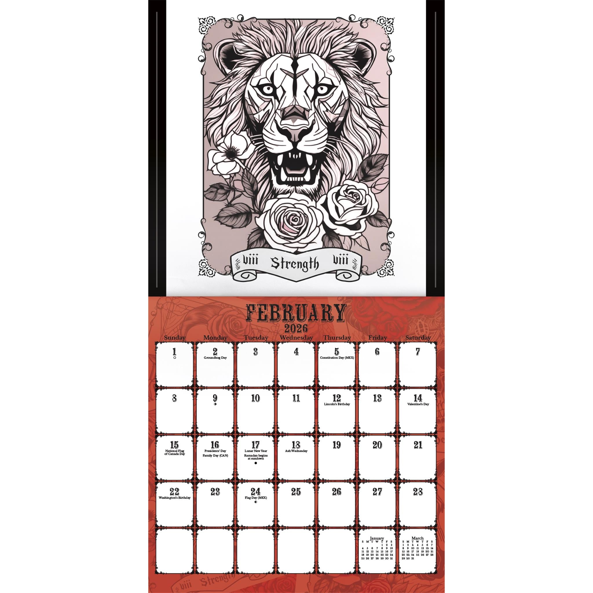 Calendrier mural Tarot - Crânes et Roses 2026 - Disponible uniquement en ligne
