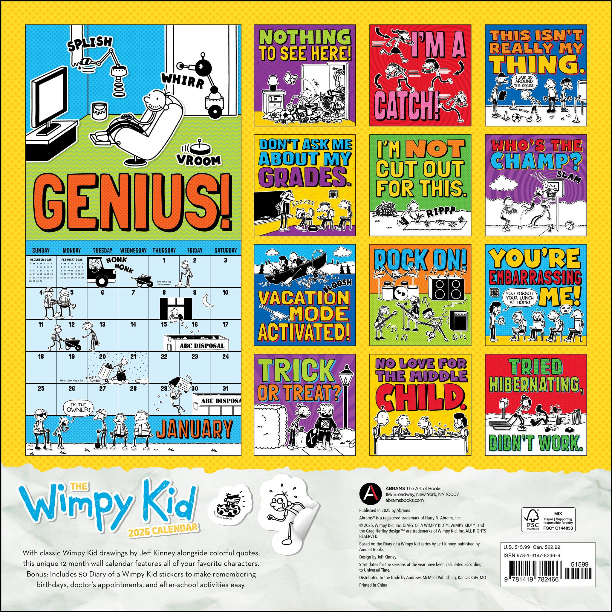 Wimpy Kid with Stickers 2026 Wall Calendar