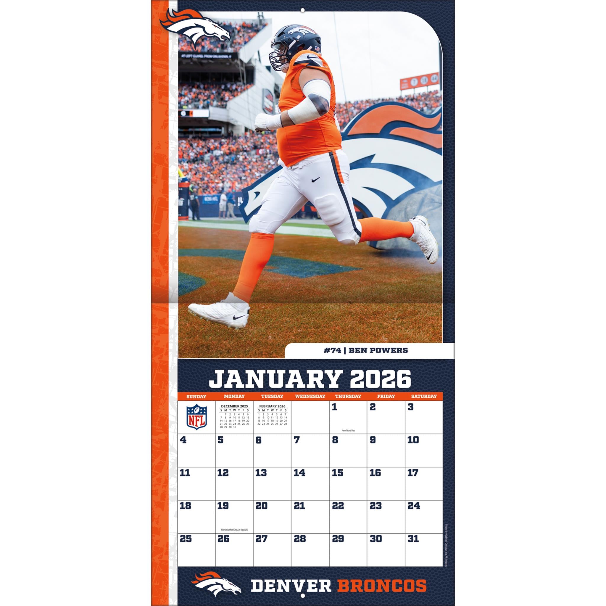 Calendrier mural NFL Denver Broncos 2026 - Disponible uniquement en ligne