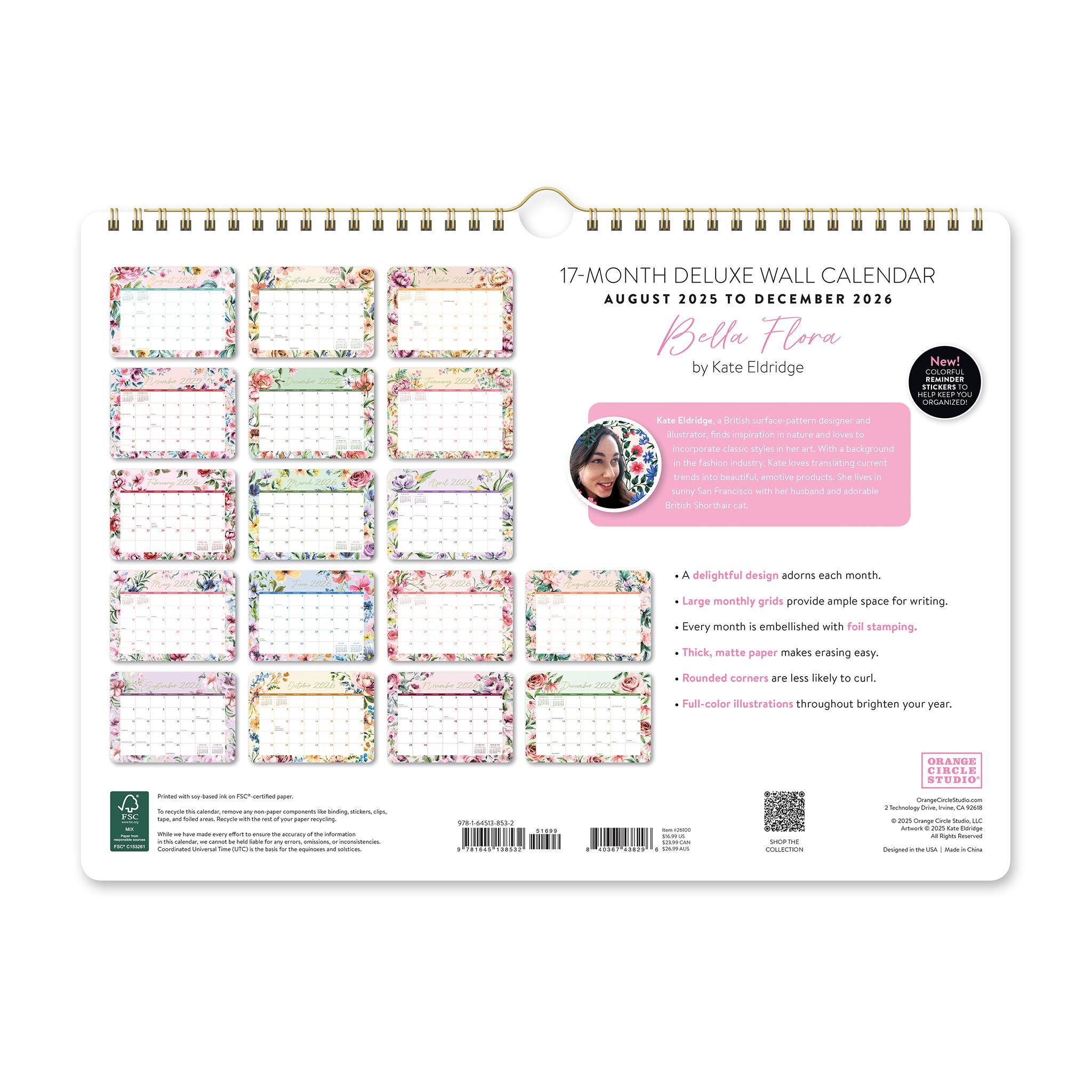 Bella Flora 2025-2026 Spiral Wall Calendar