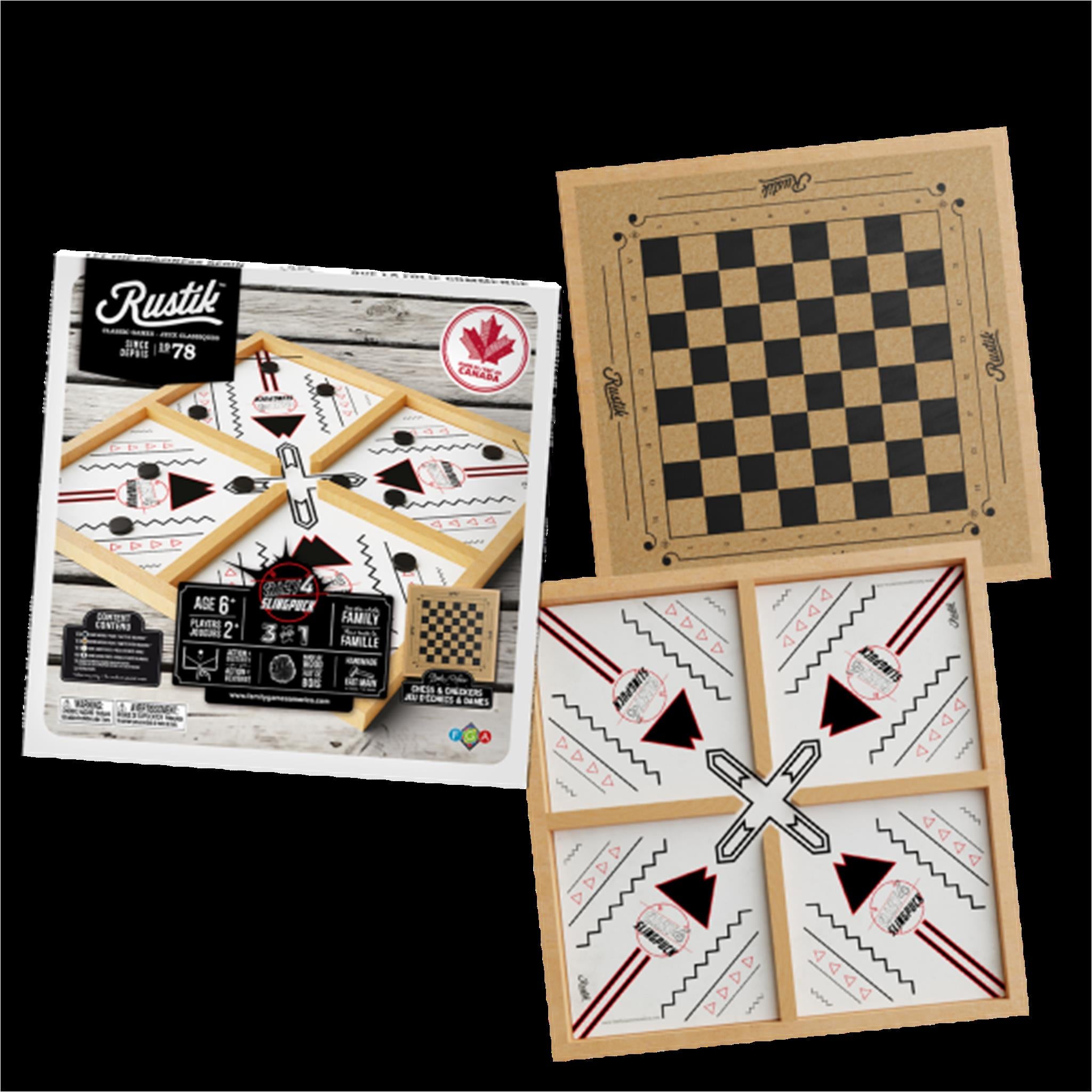 RUSTIK 3in1 Crazy4 Slingpuck Chess Checker
