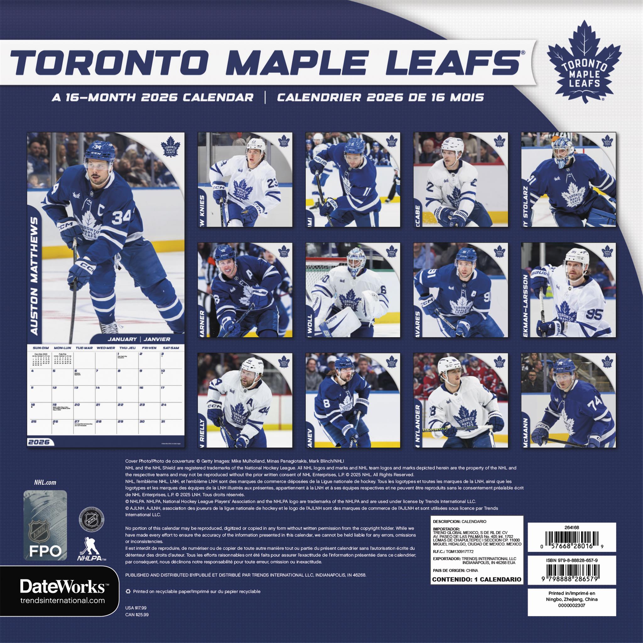 Calendrier mural bilingue 2026 des Maple Leafs de Toronto (LNH)