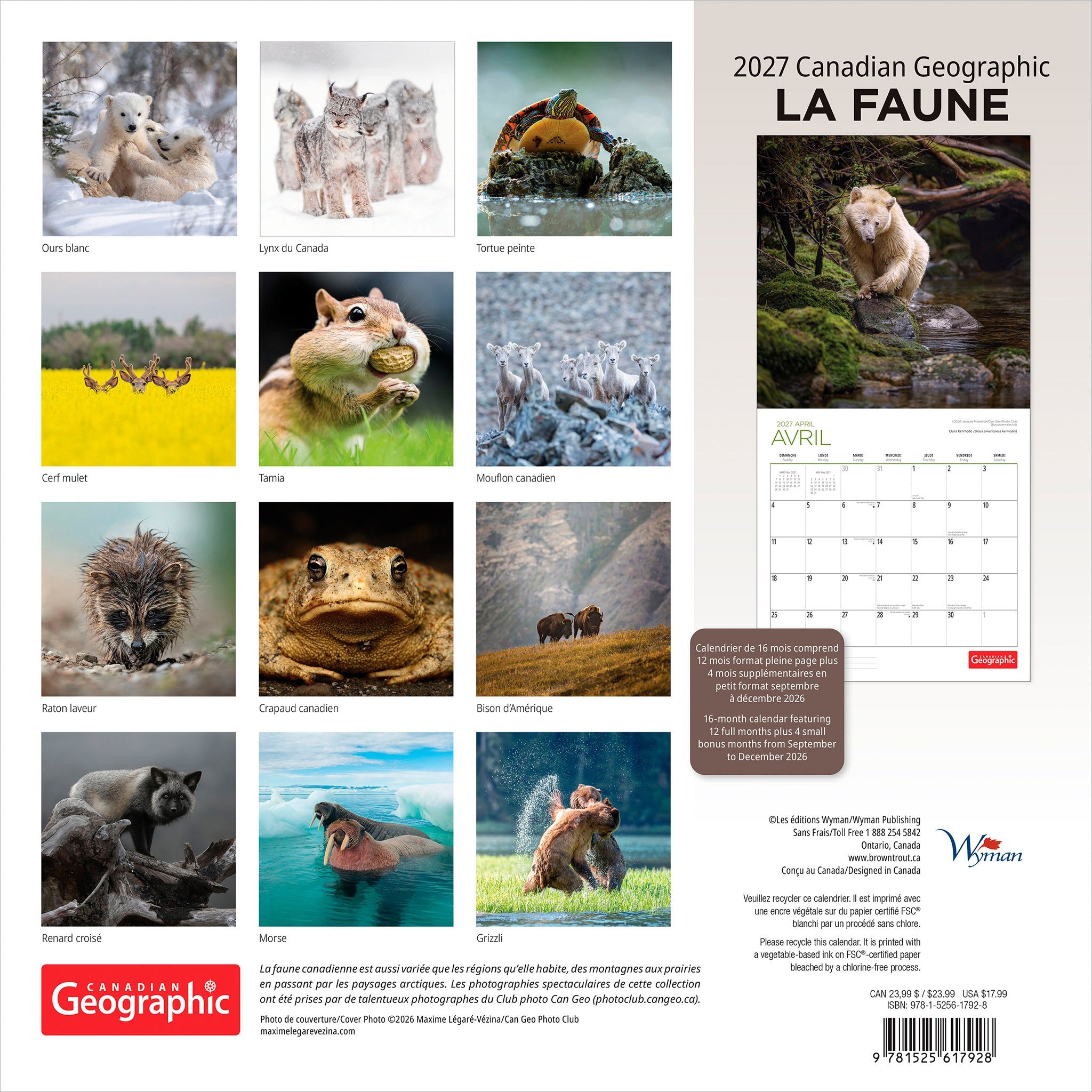 Canadian Geographic La faune 2027 Wall Calendar (French)