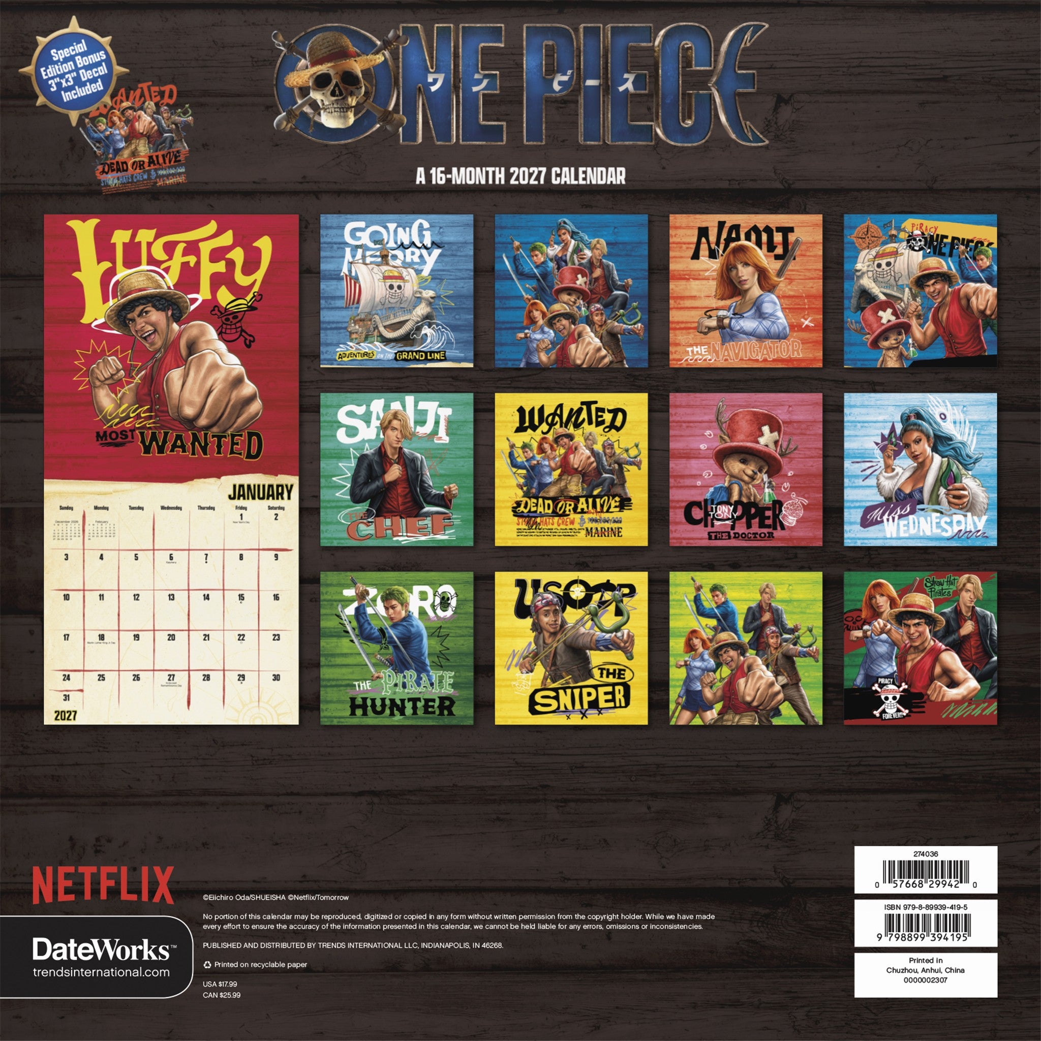 One Piece Season 2 Exclusive with Decal 2027 Wall Calendar