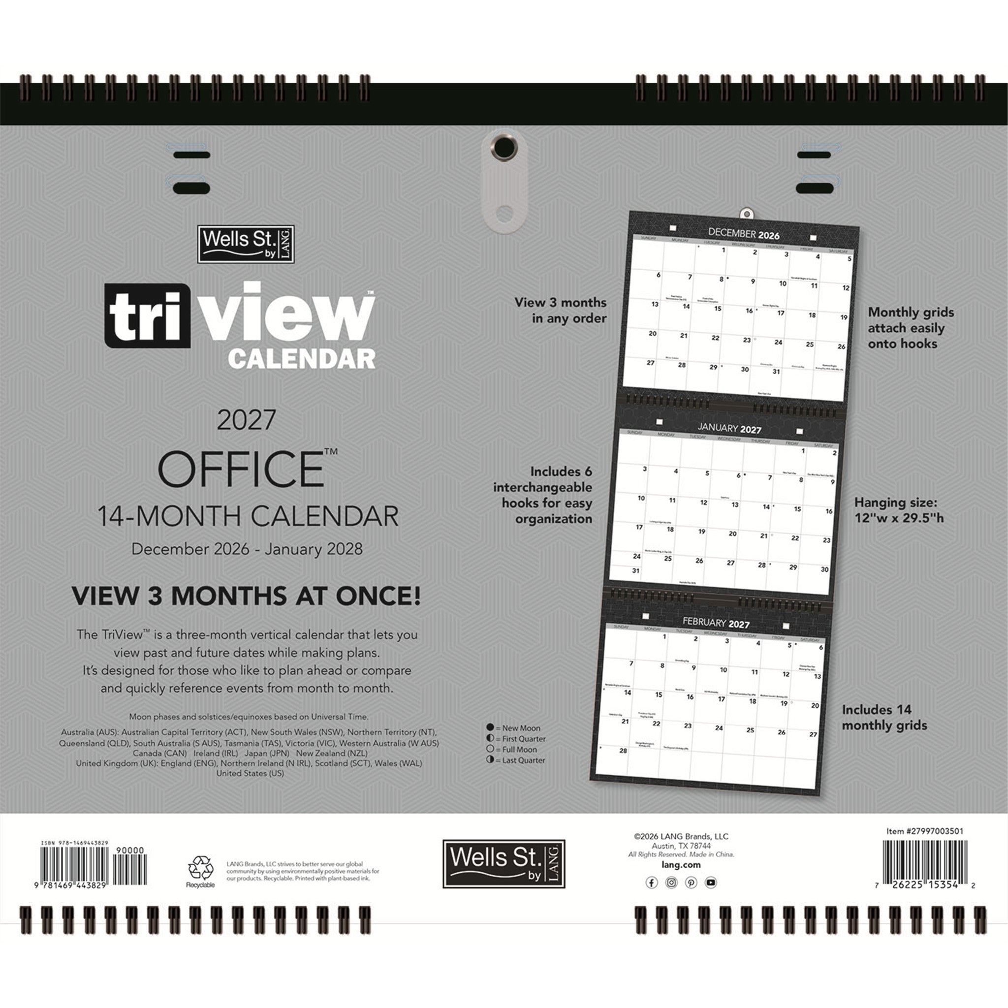 Calendrier mural Tri-View Office 2026-2027