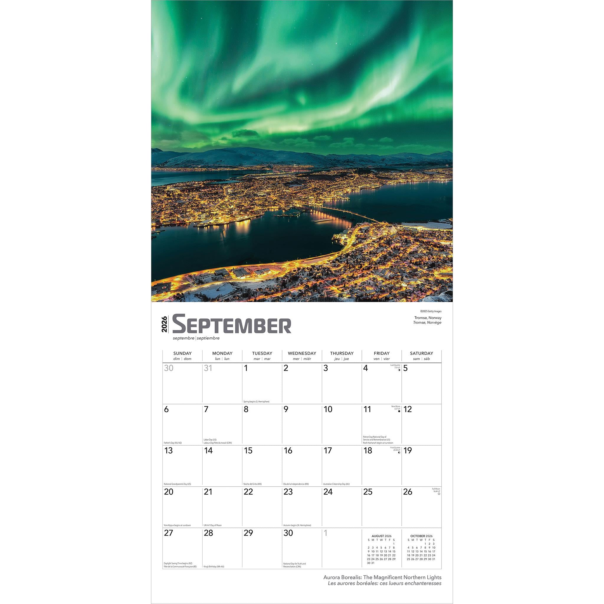 Calendrier mural bilingue Aurores boréales 2026 - Disponible uniquement en ligne