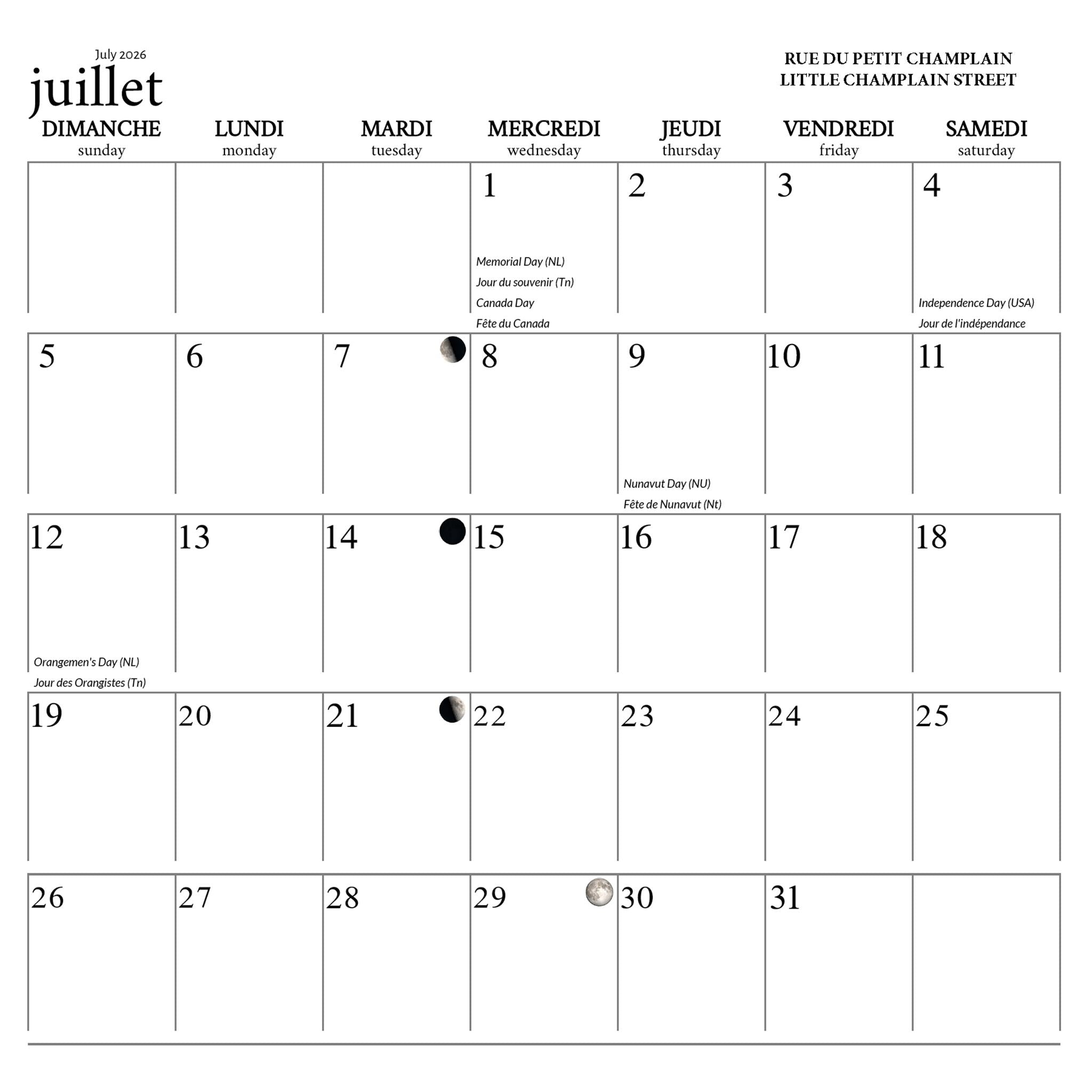 Calendrier mural de la ville de Québec 2026 (français)