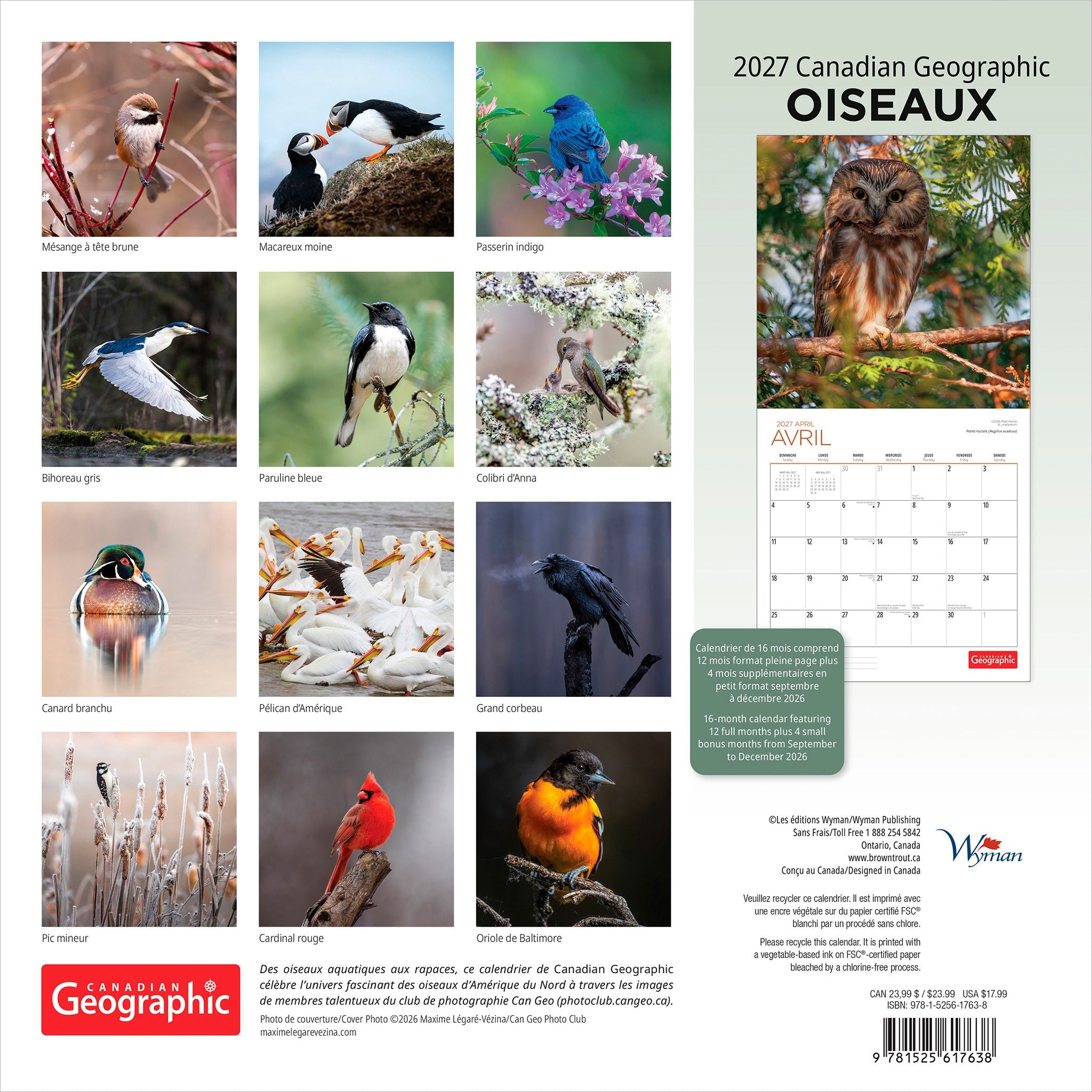 Canadian Geographic Oiseaux 2027 Wall Calendar (French)