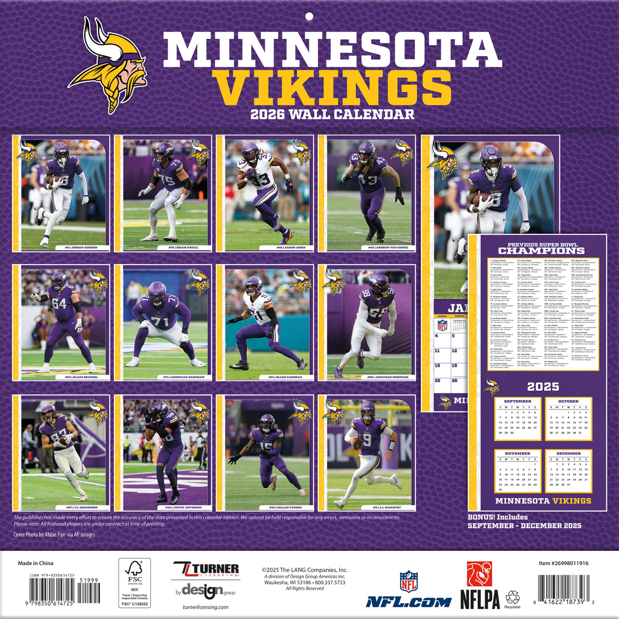 Calendrier mural NFL Minnesota Vikings 2026