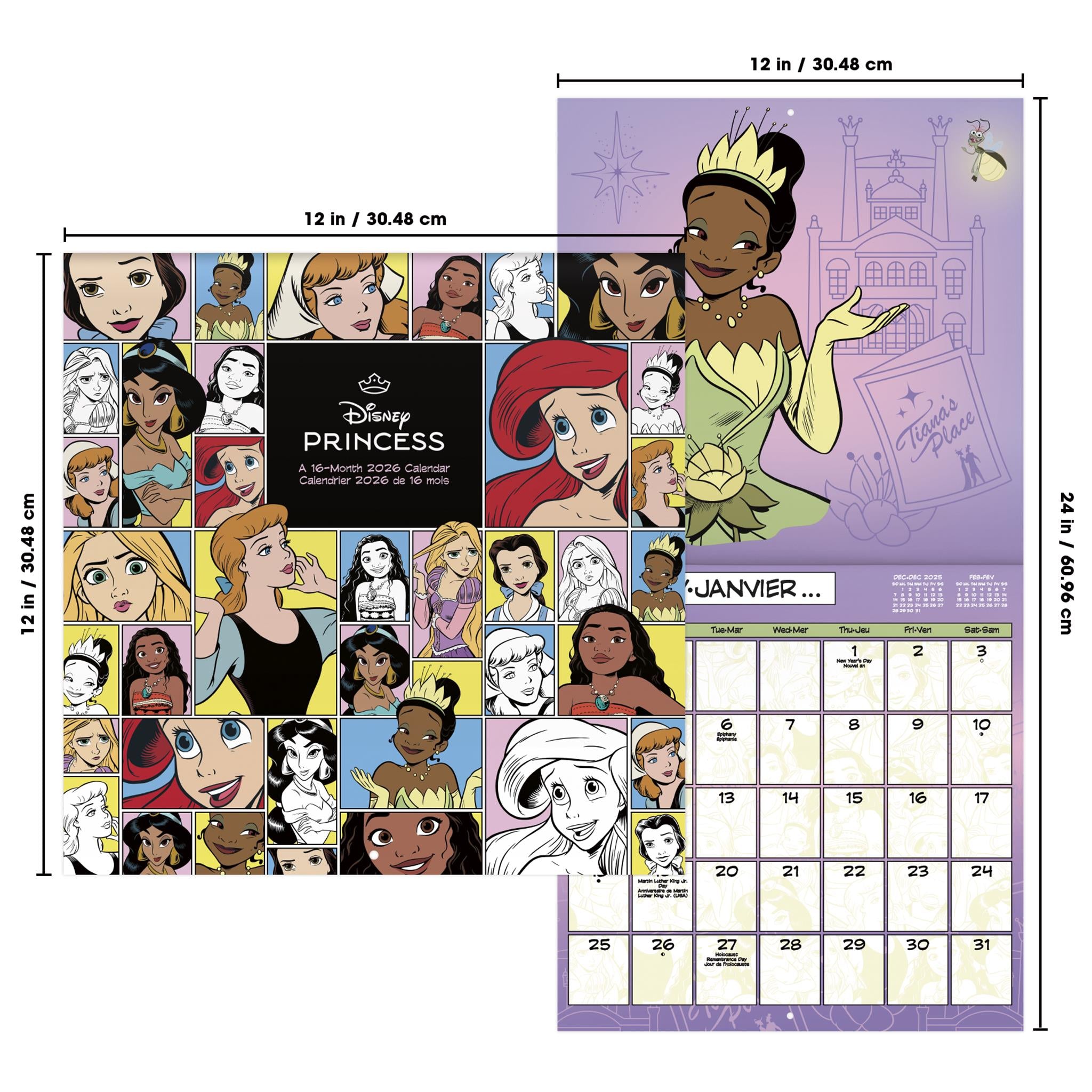 Calendrier mural bilingue Disney Princess 2026