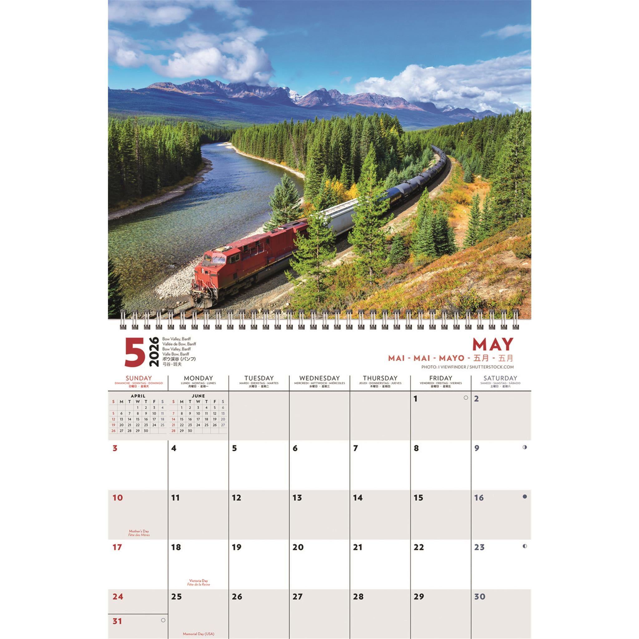 Calendrier mural multilingue des Rocheuses canadiennes 2026