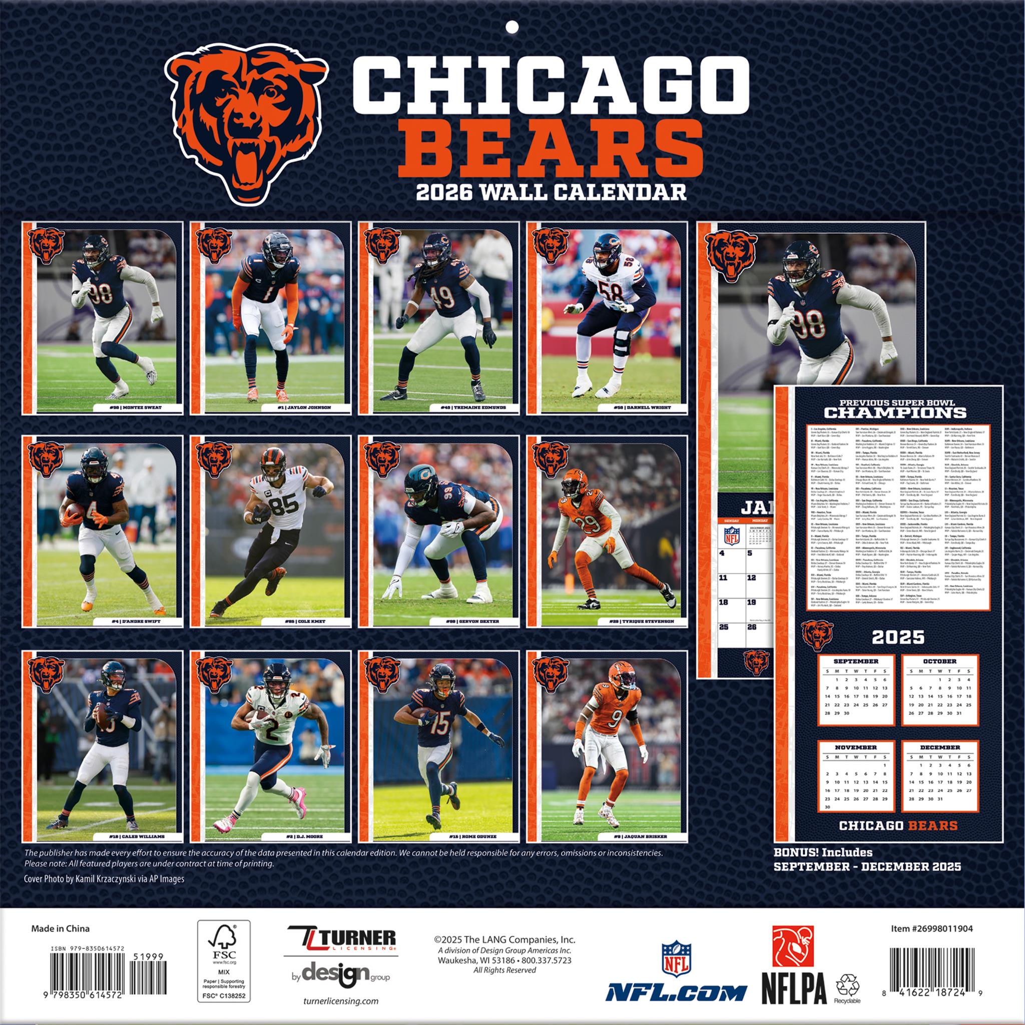 Calendrier mural NFL Chicago Bears 2026 - Disponible uniquement en ligne
