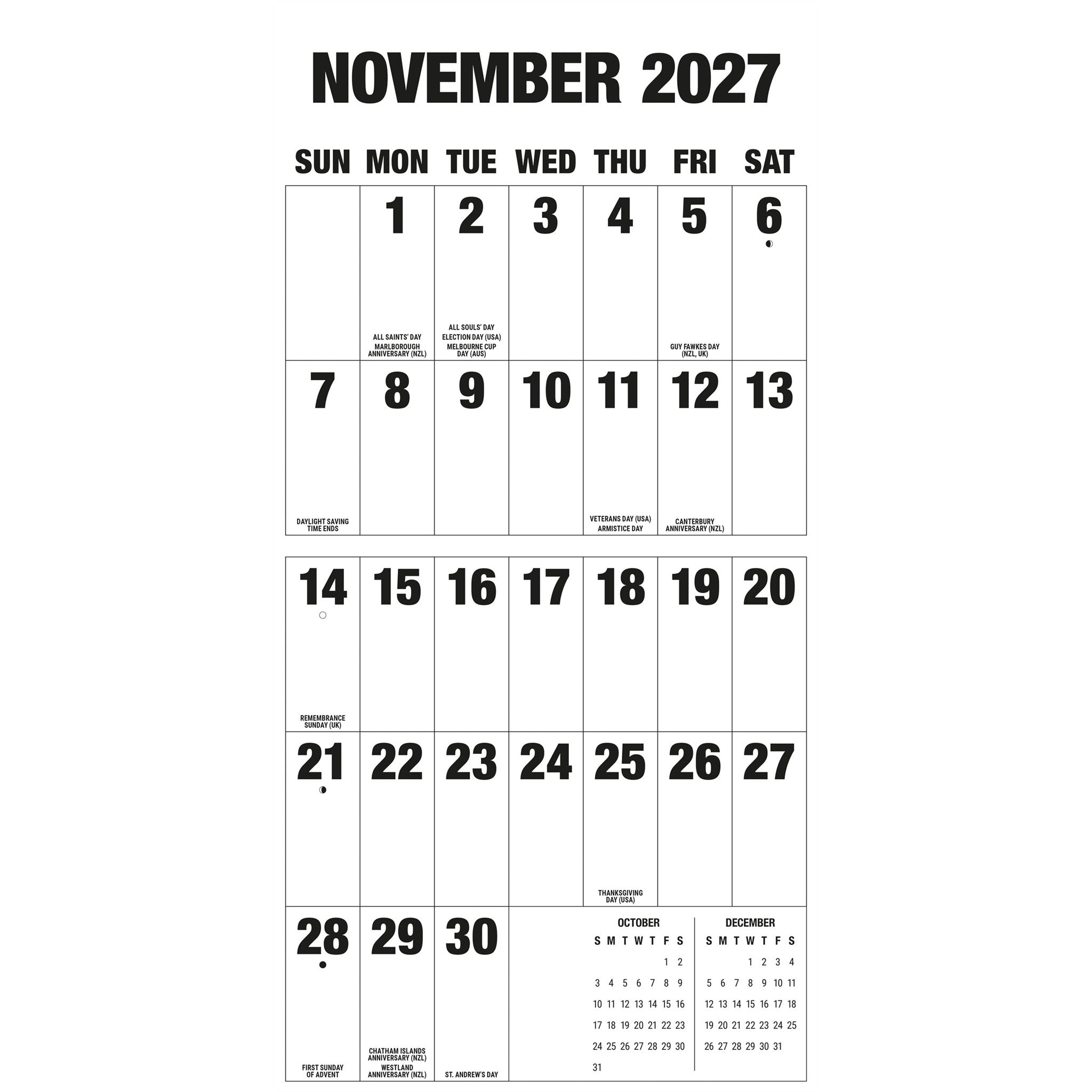 Grand calendrier mural 2027 à grandes lettres et grands chiffres
