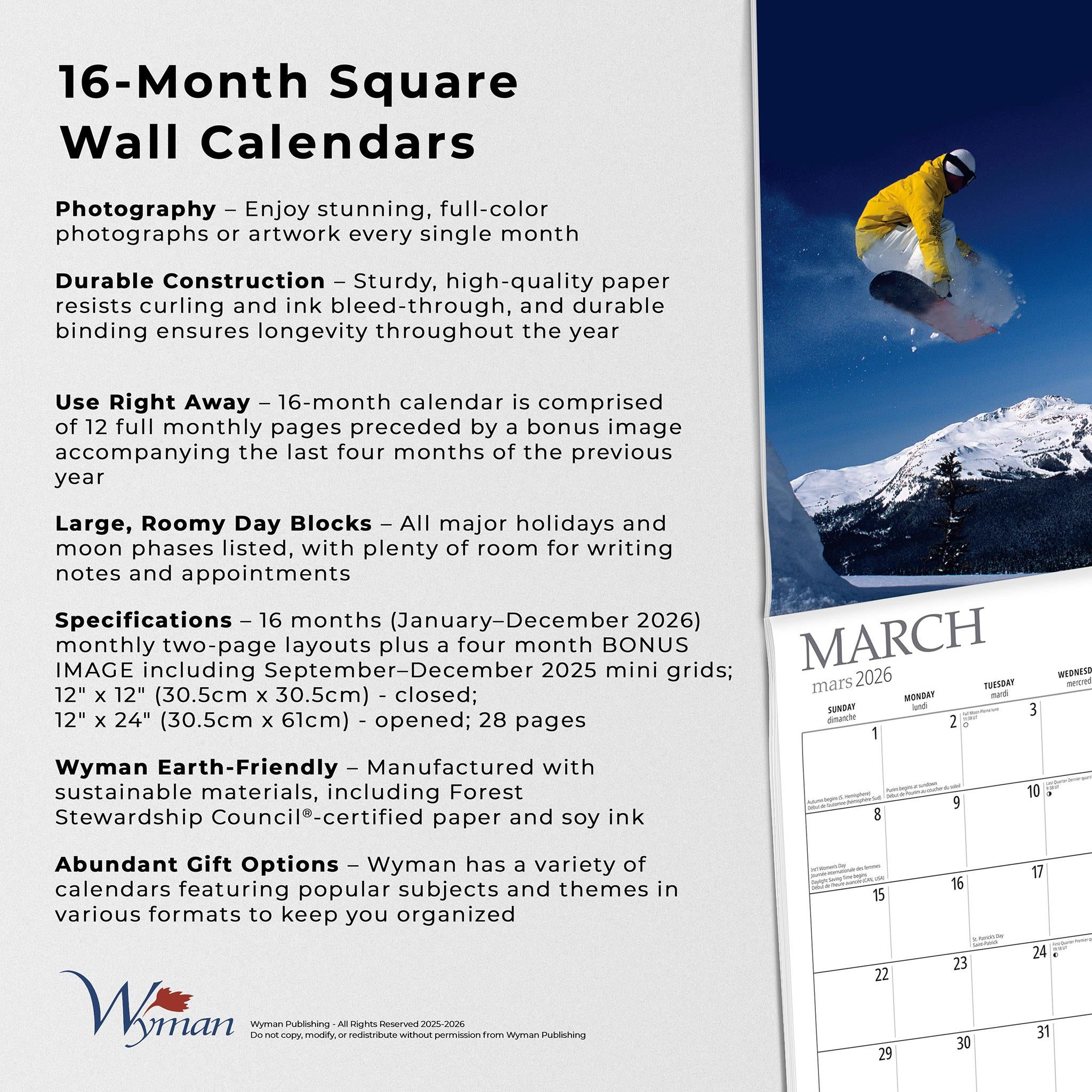 Calendrier mural de snowboard 2026