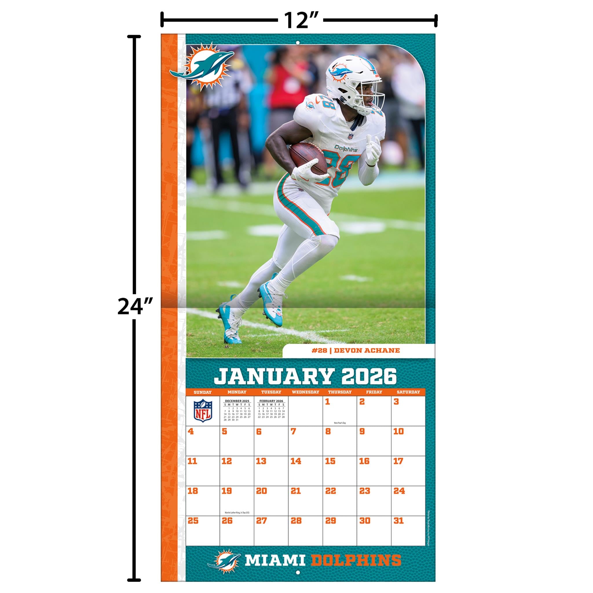 Calendrier mural NFL Miami Dolphins 2026 - Disponible uniquement en ligne