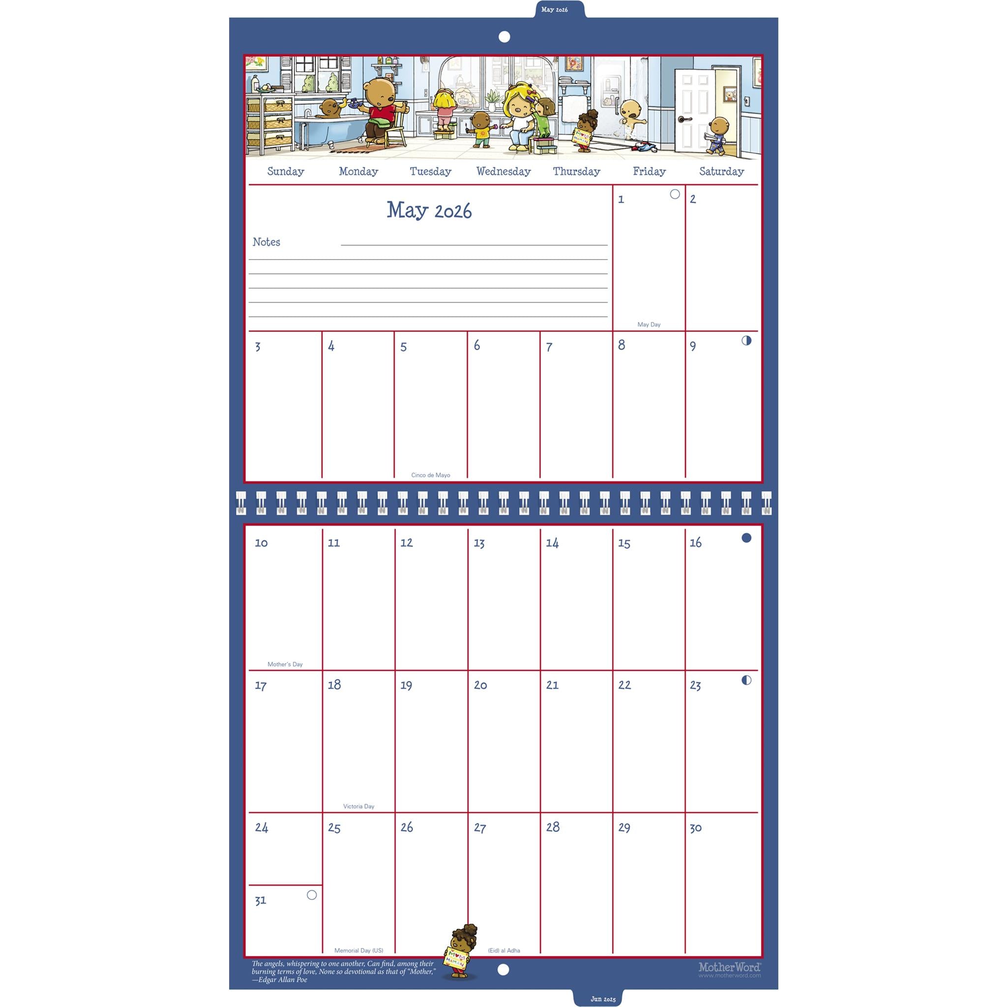 Calendrier mural Motherword Tabbed en anglais 2025-2026