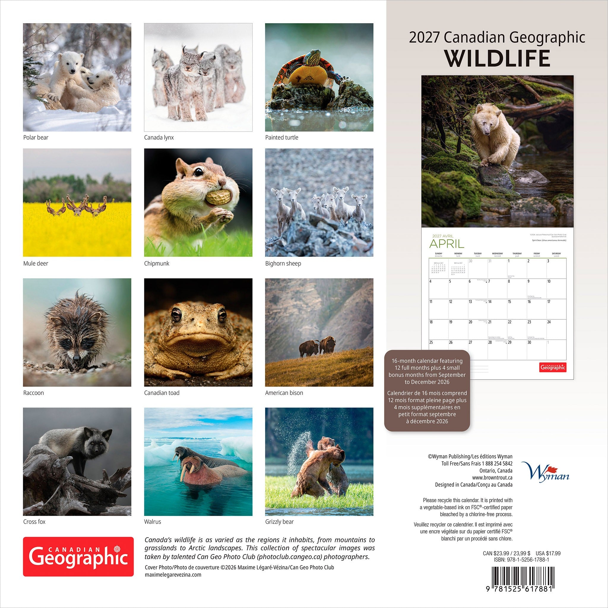 Canadian Geographic Wildlife 2027 Wall Calendar