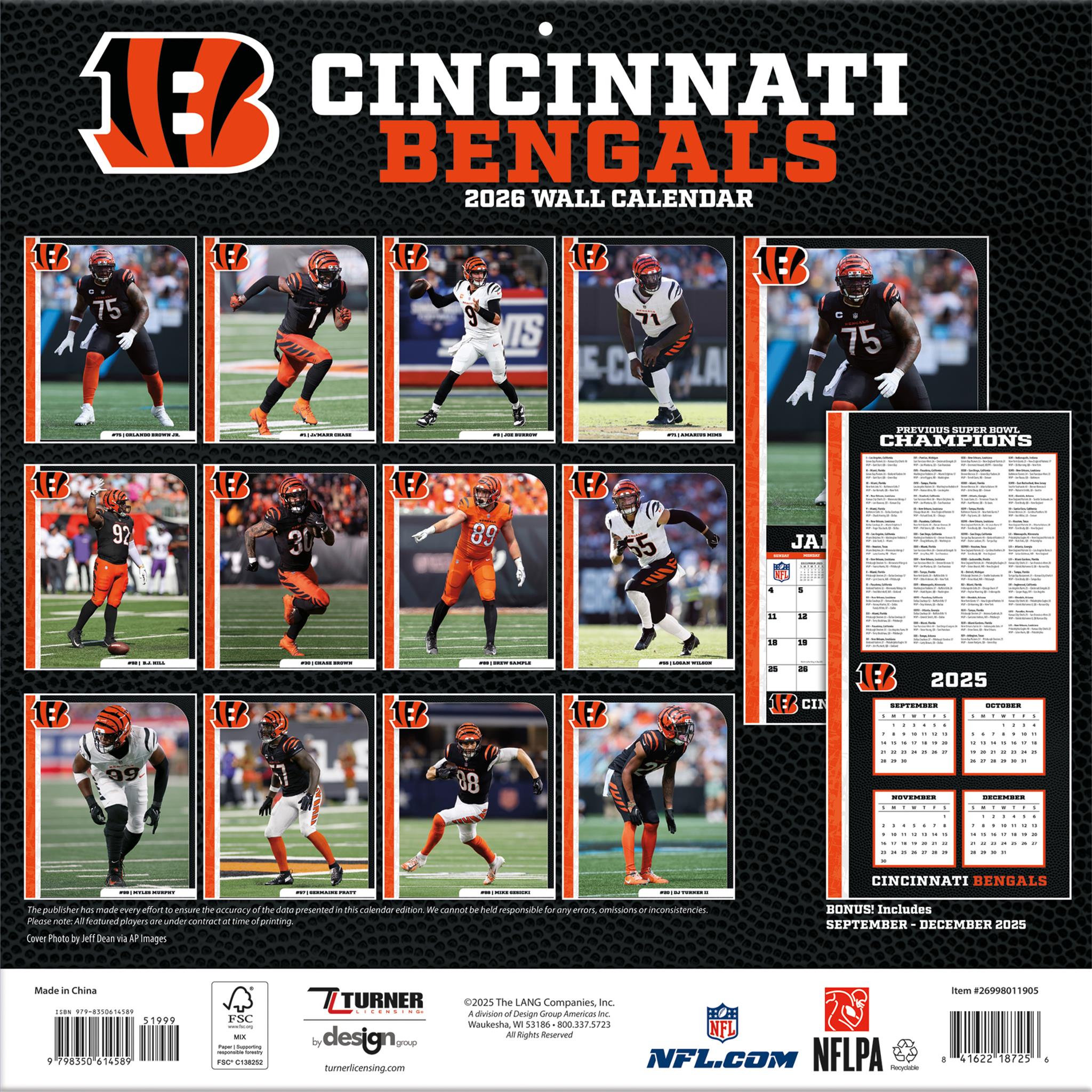 Calendrier mural 2026 des Bengals de Cincinnati (NFL) - Disponible uniquement en ligne
