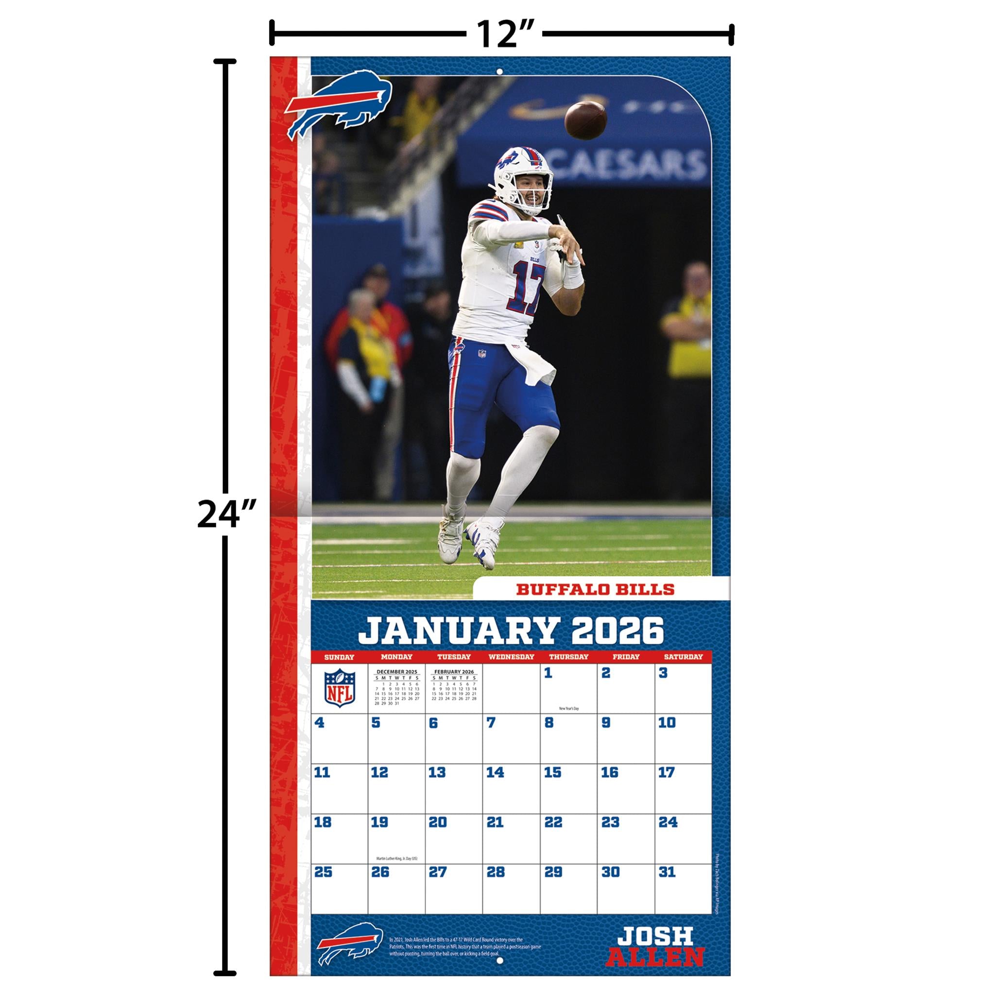 Calendrier mural 2026 de Josh Allen, joueur des Buffalo Bills (NFL)
