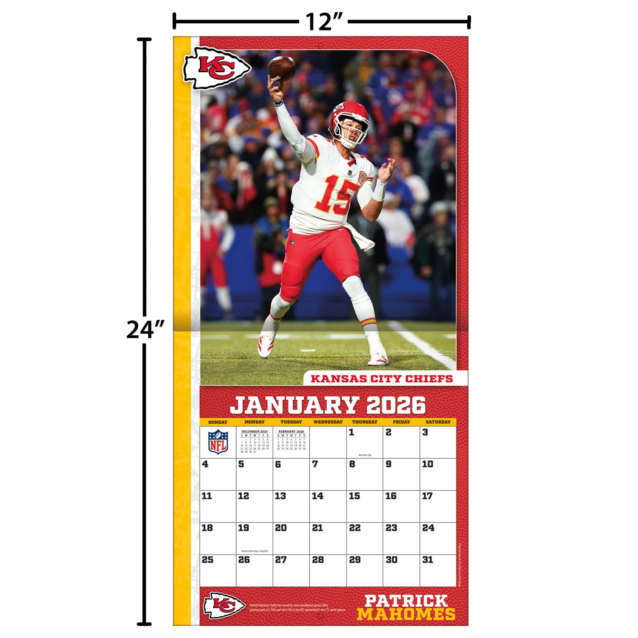 NFL Patrick Mahomes Kansas City Chiefs 2026 Wall Calendar