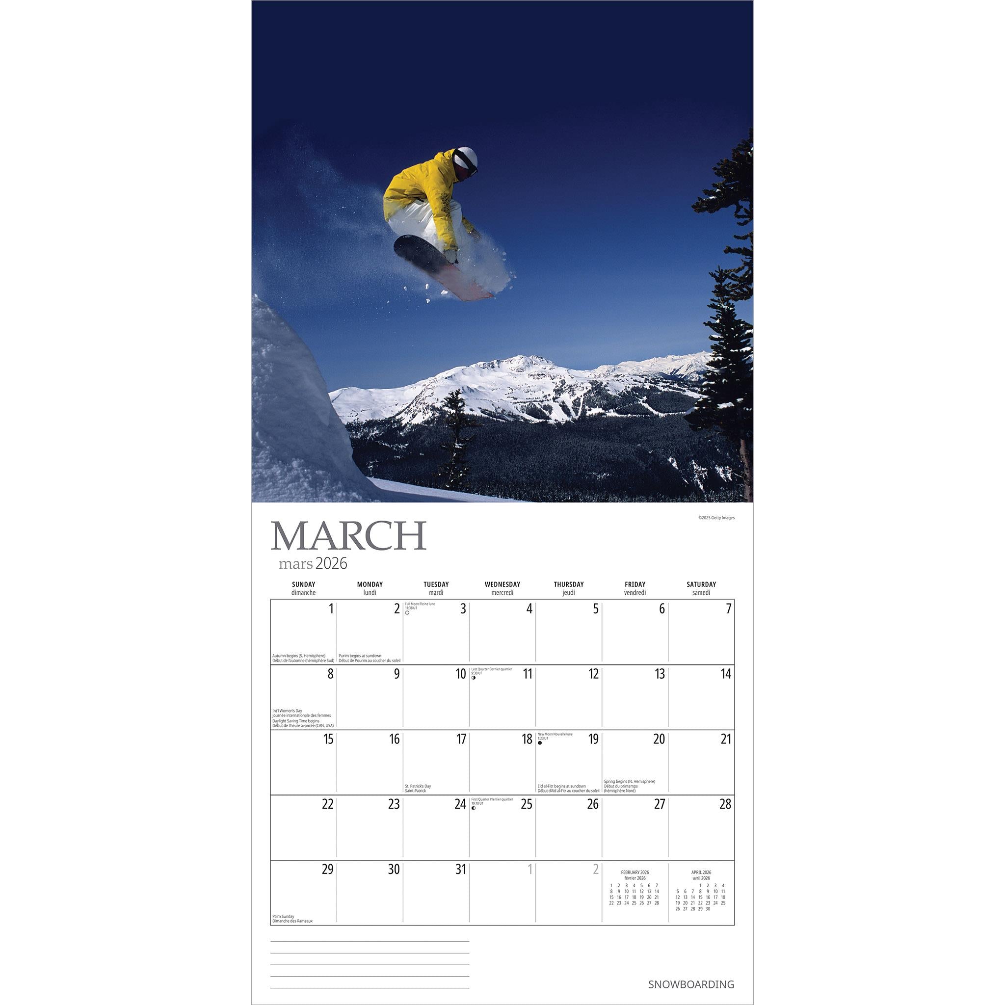 Calendrier mural de snowboard 2026