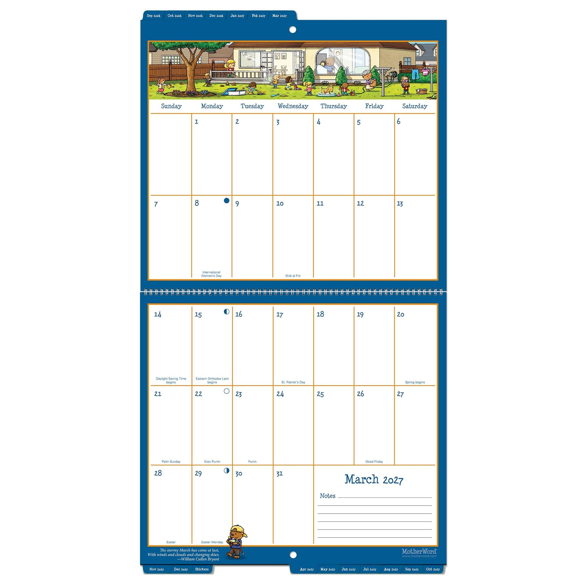 Calendrier mural onglets MotherWord anglais 2027