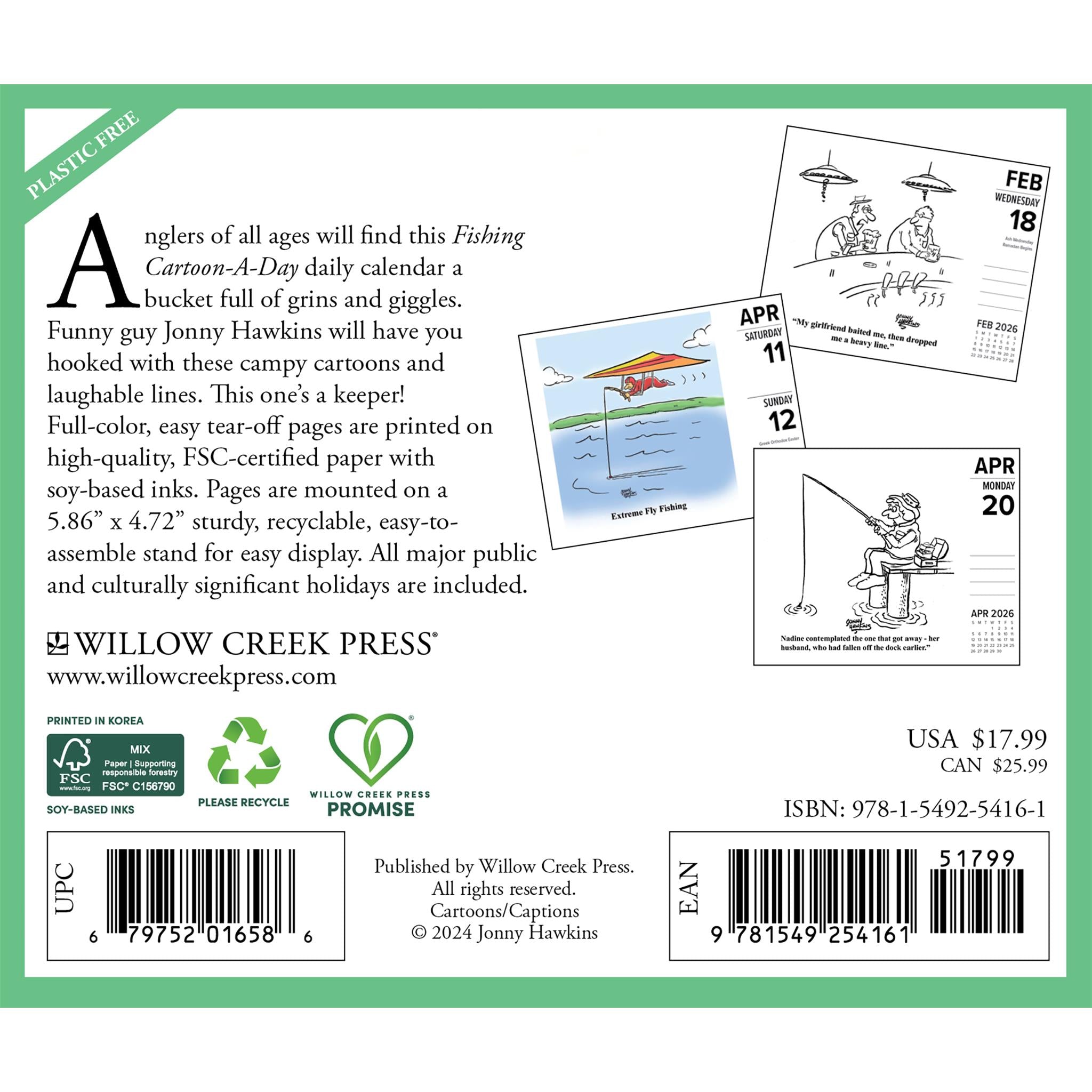 Calendrier 2026 avec un dessin animé de pêche par jour de Jonny Hawkins