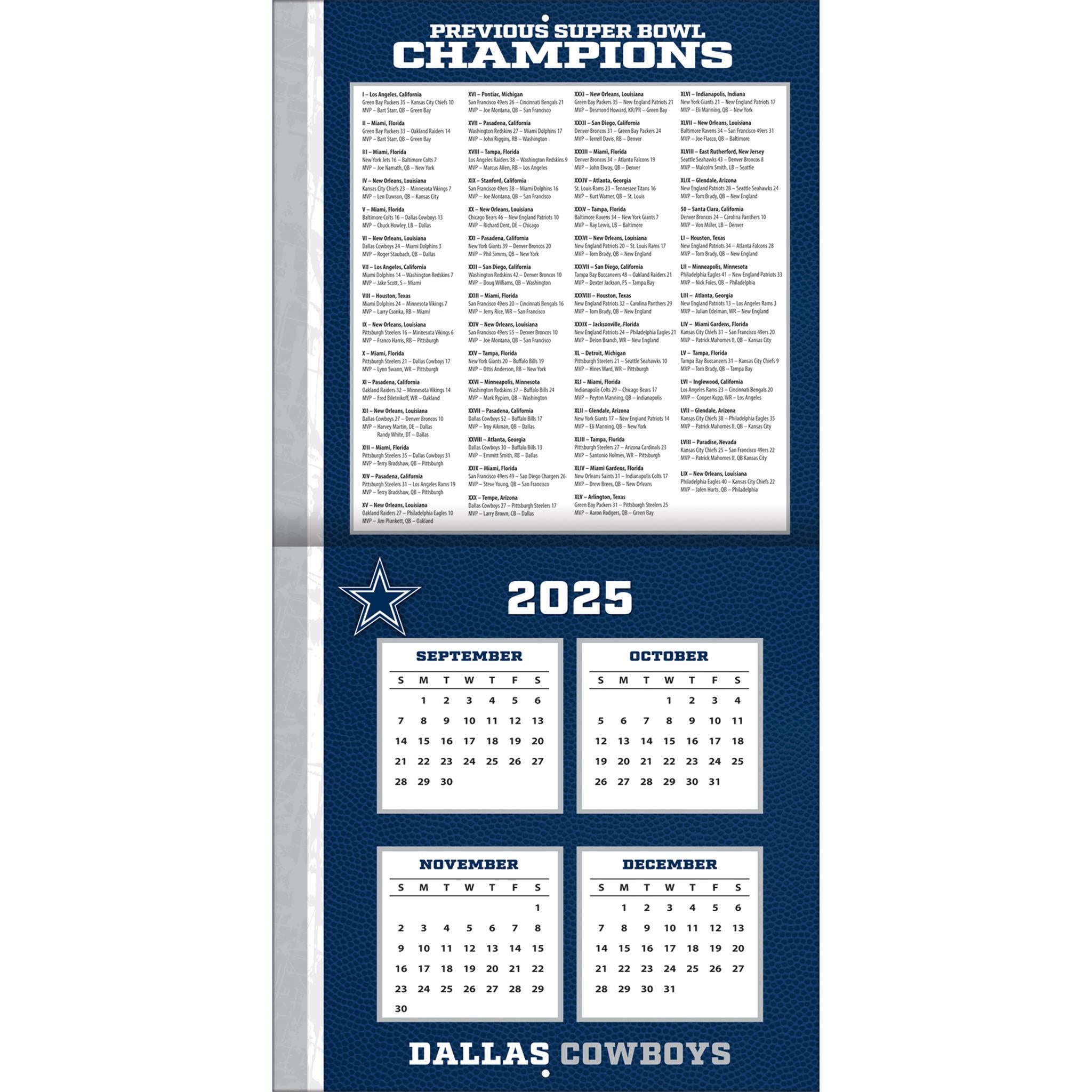 Calendrier mural NFL Dallas Cowboys 2026