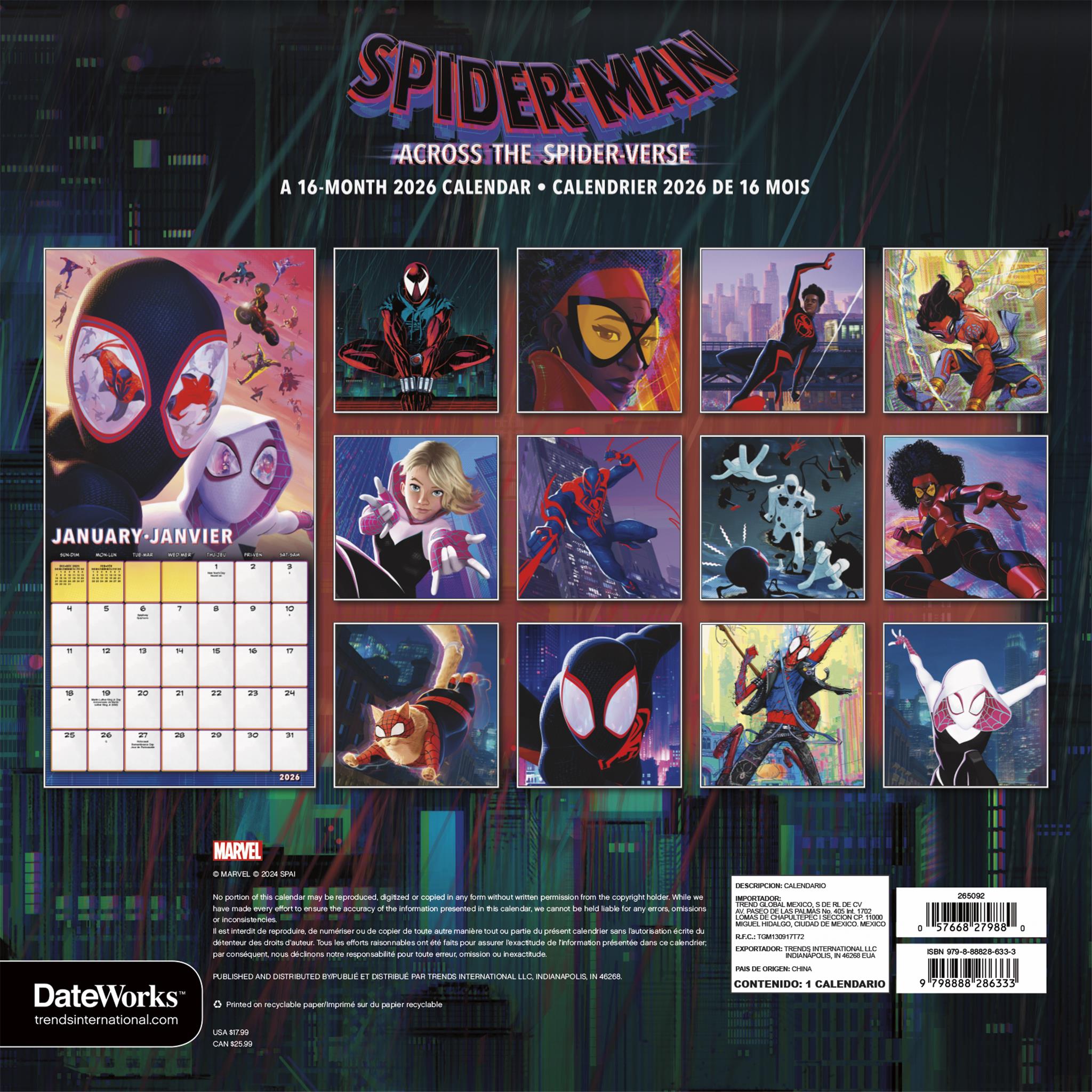 Calendrier mural bilingue Spider-Man: Across the Spider-Verse 2026