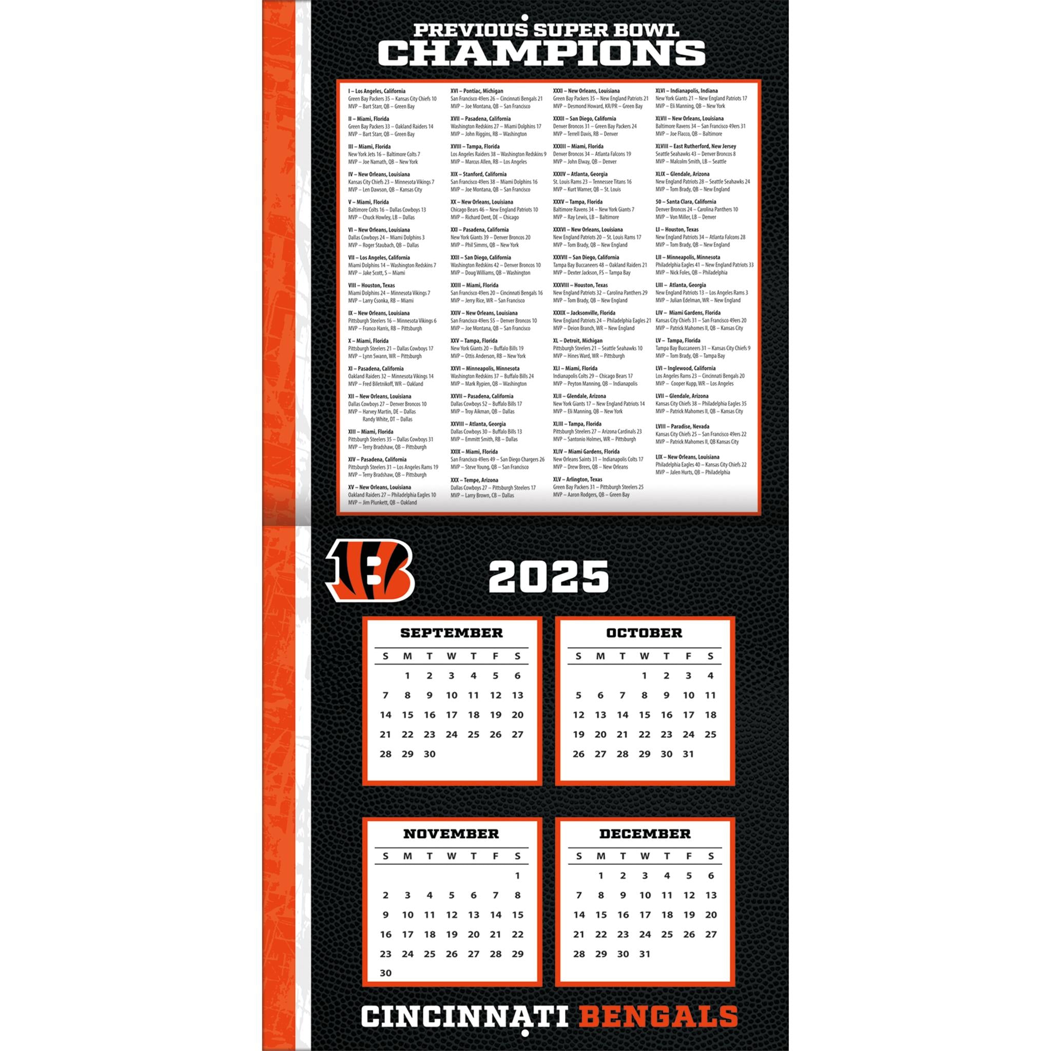 Calendrier mural 2026 des Bengals de Cincinnati (NFL) - Disponible uniquement en ligne