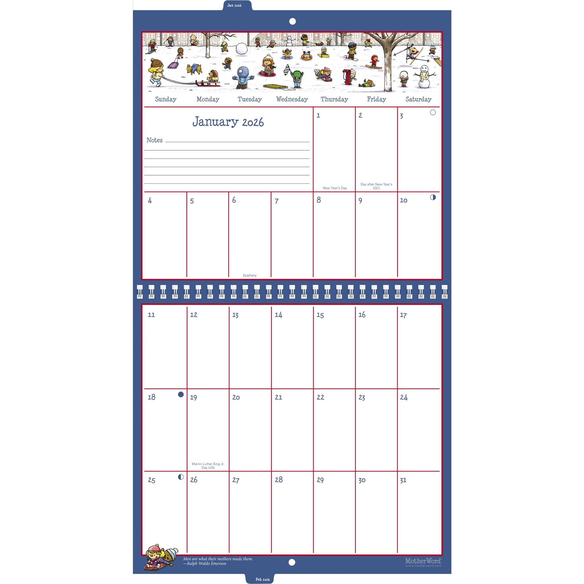 Calendrier mural Motherword Tabbed en anglais 2025-2026