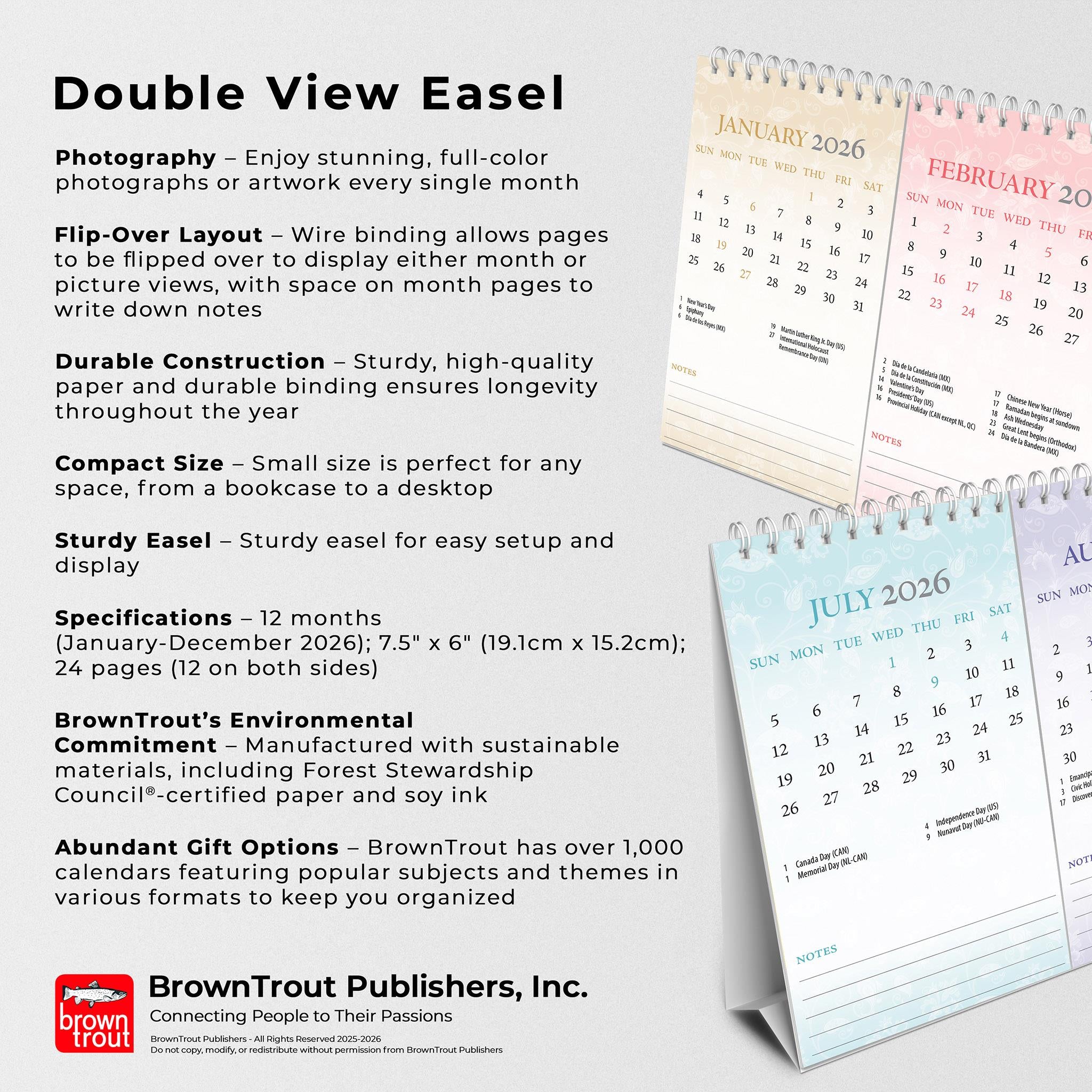 Calendrier chevalet à double vue 2026 à motifs