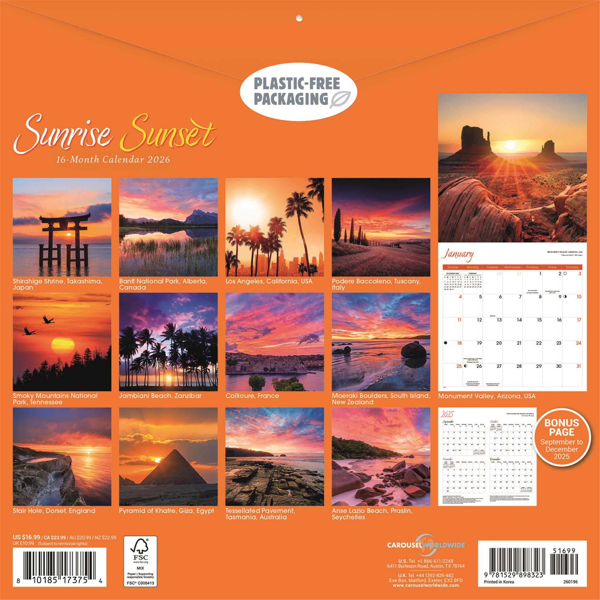 Calendrier mural Lever et Coucher de soleil 2026