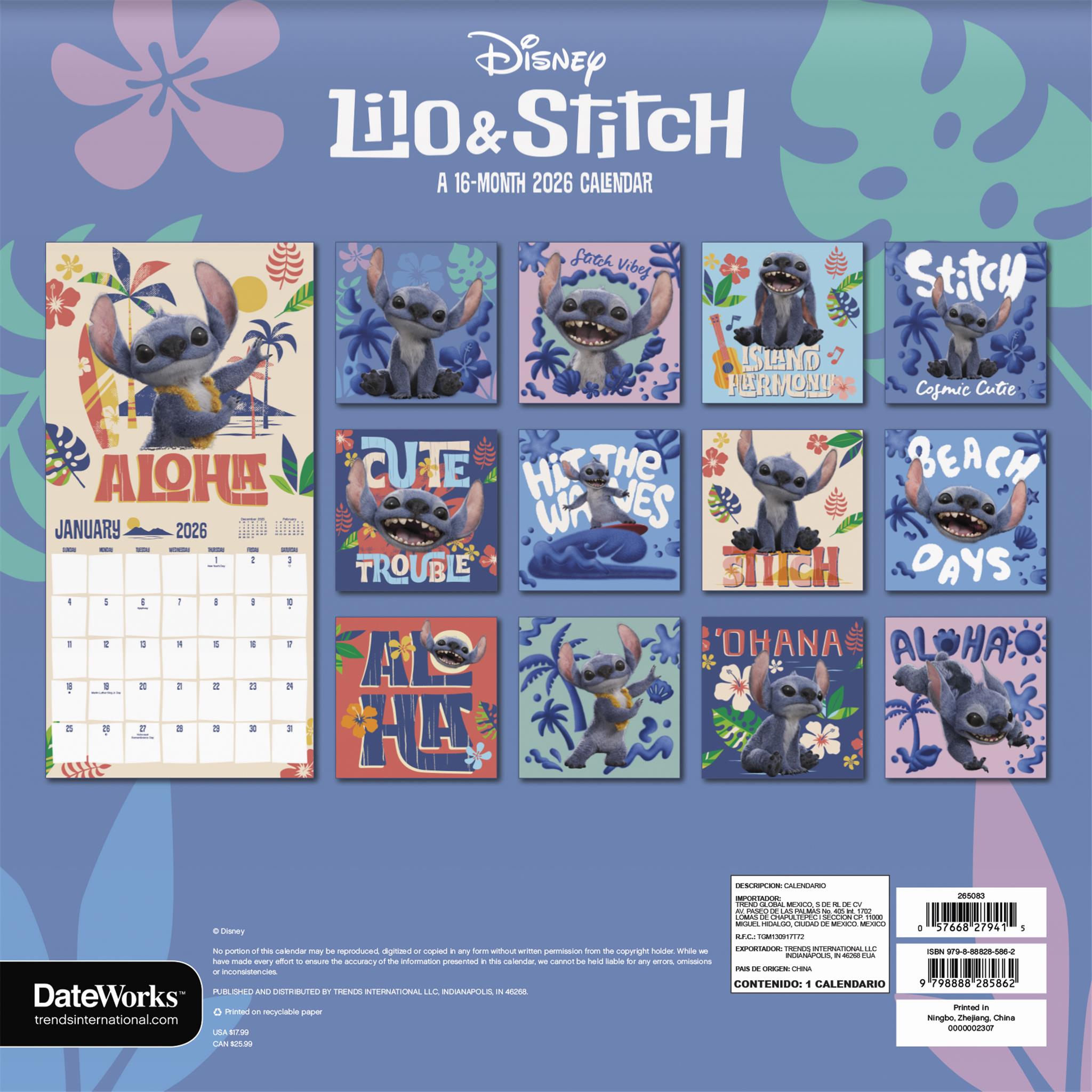 Calendrier mural Lilo et Stitch 2026 (film en prises de vues réelles) - Disponible uniquement en ligne