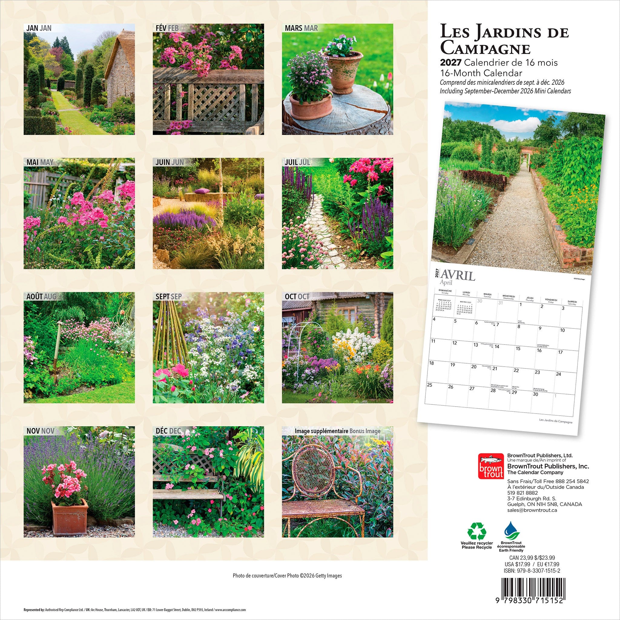 Les Jardins de Campagne 2027 Wall Calendar (French)