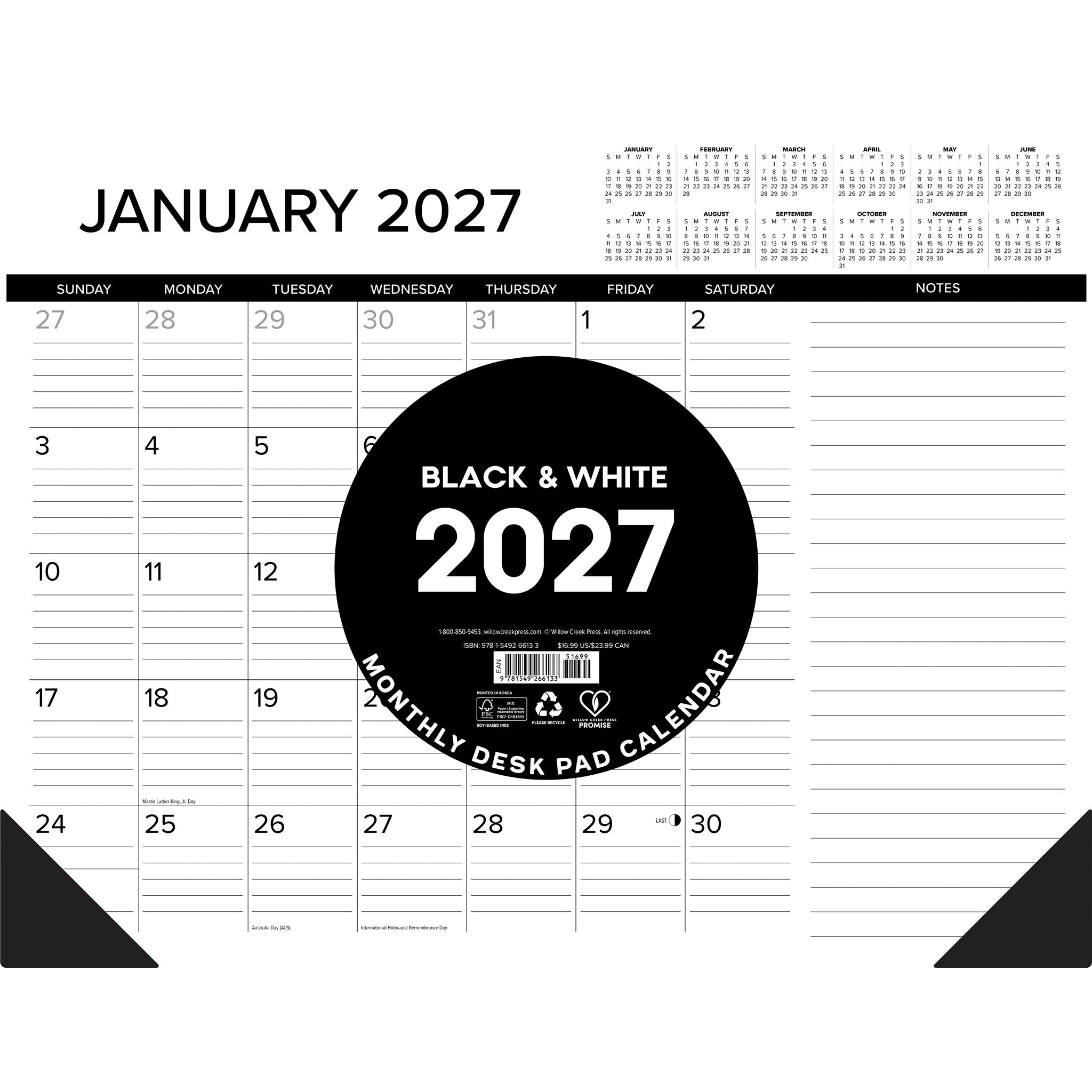 Black and White 2027 Desk Pad Calendar